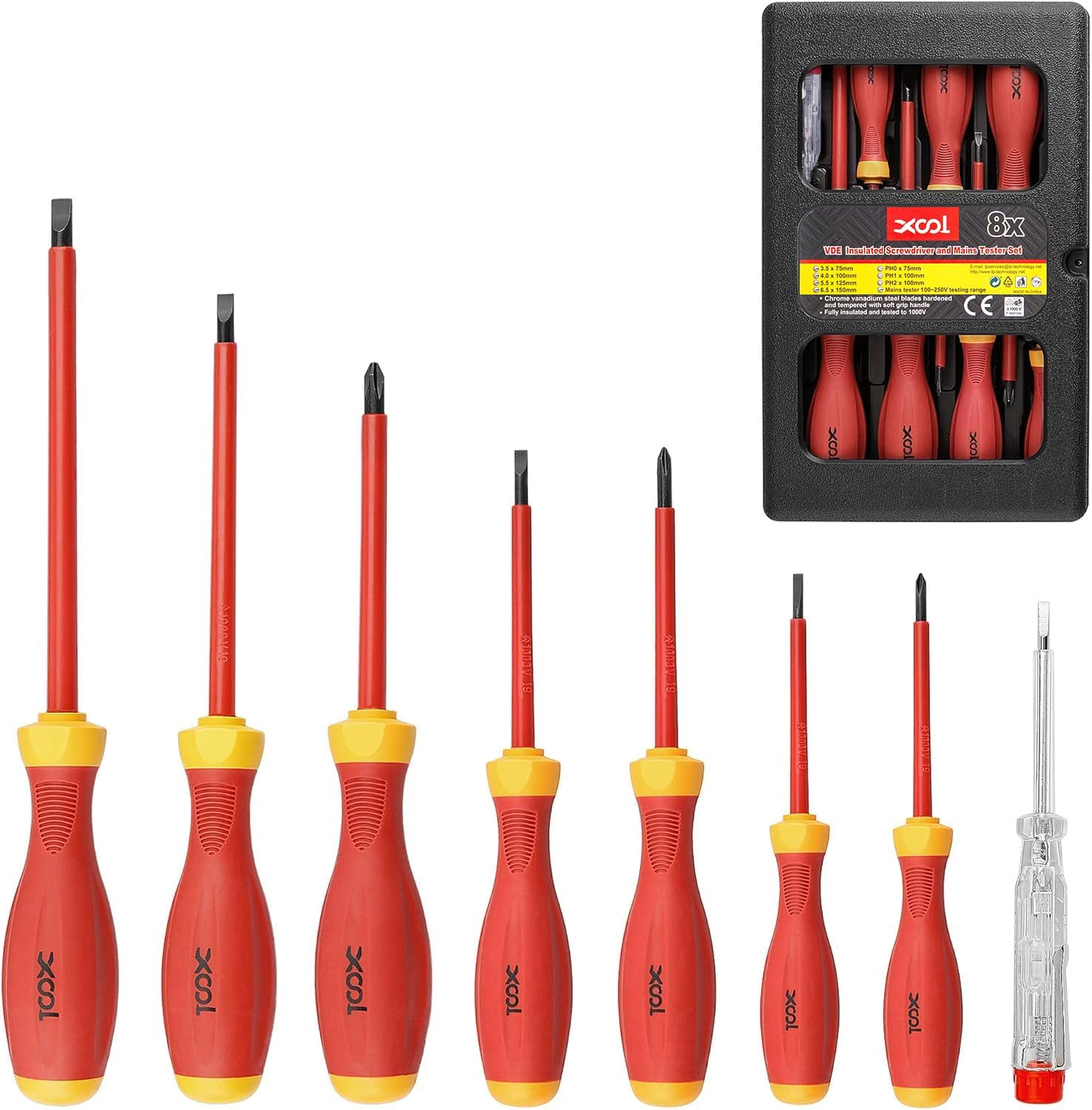 ⚡ Elektro & Technik – XOOL 8-teiliges 1000-V-VDE-isoliertes Elektriker-Schraubendreher-Set, magnetische Spitzen, ergonomische rutschfeste Griffe, Chrom-Vanadium-Stahl, mittelgroß, präzise Schlitz- und Kreuzschlitzschraubendreher