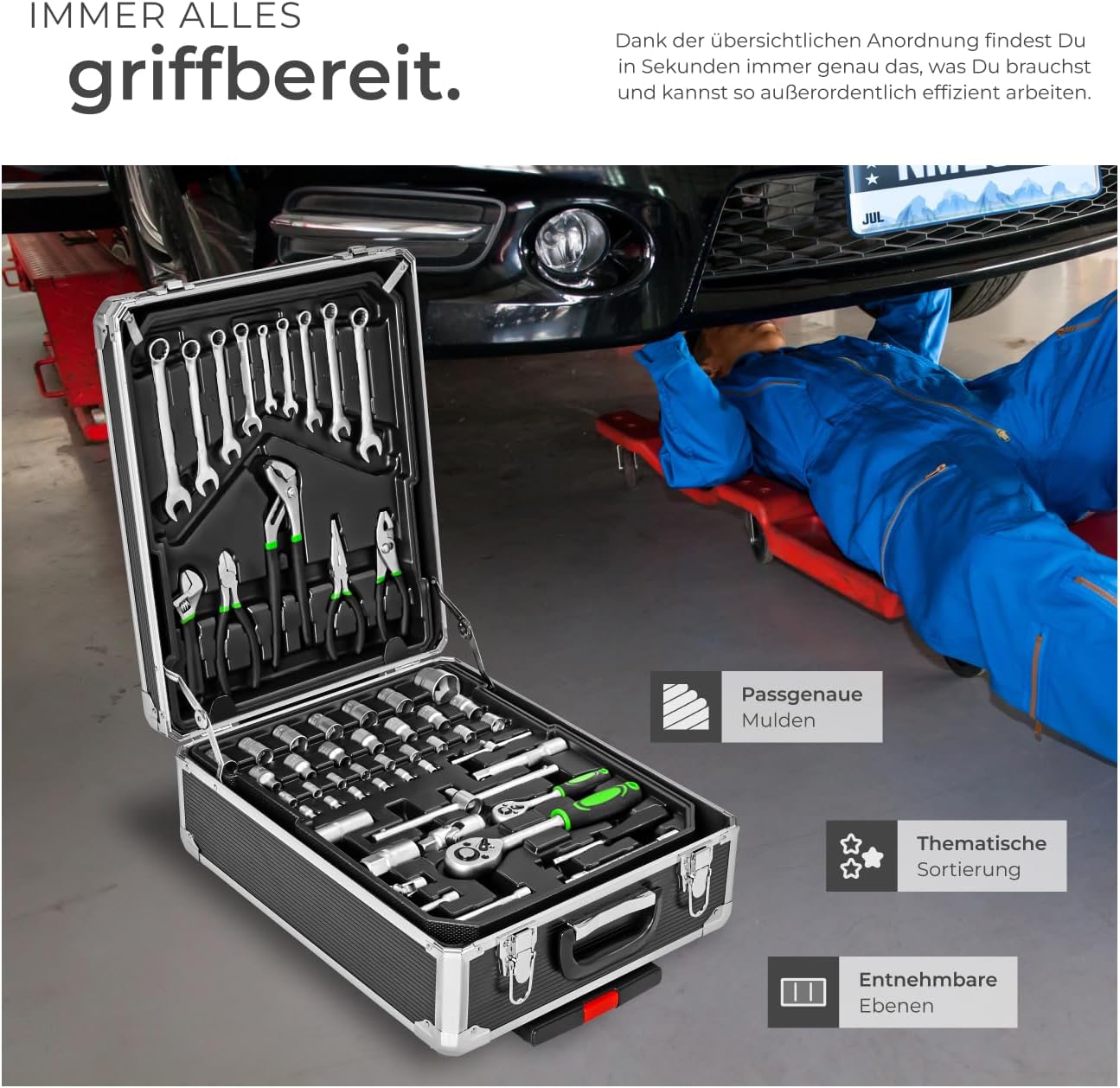 🚗 KFZ & Werkstatt – tectake Tool Box, Tool Set, Tool Box Filled 1200 Pieces, Tool Trolley, Tool Box with 4 Levels, Aluminium Case with Wheels and Telescopic Handle - Black – Bild 4