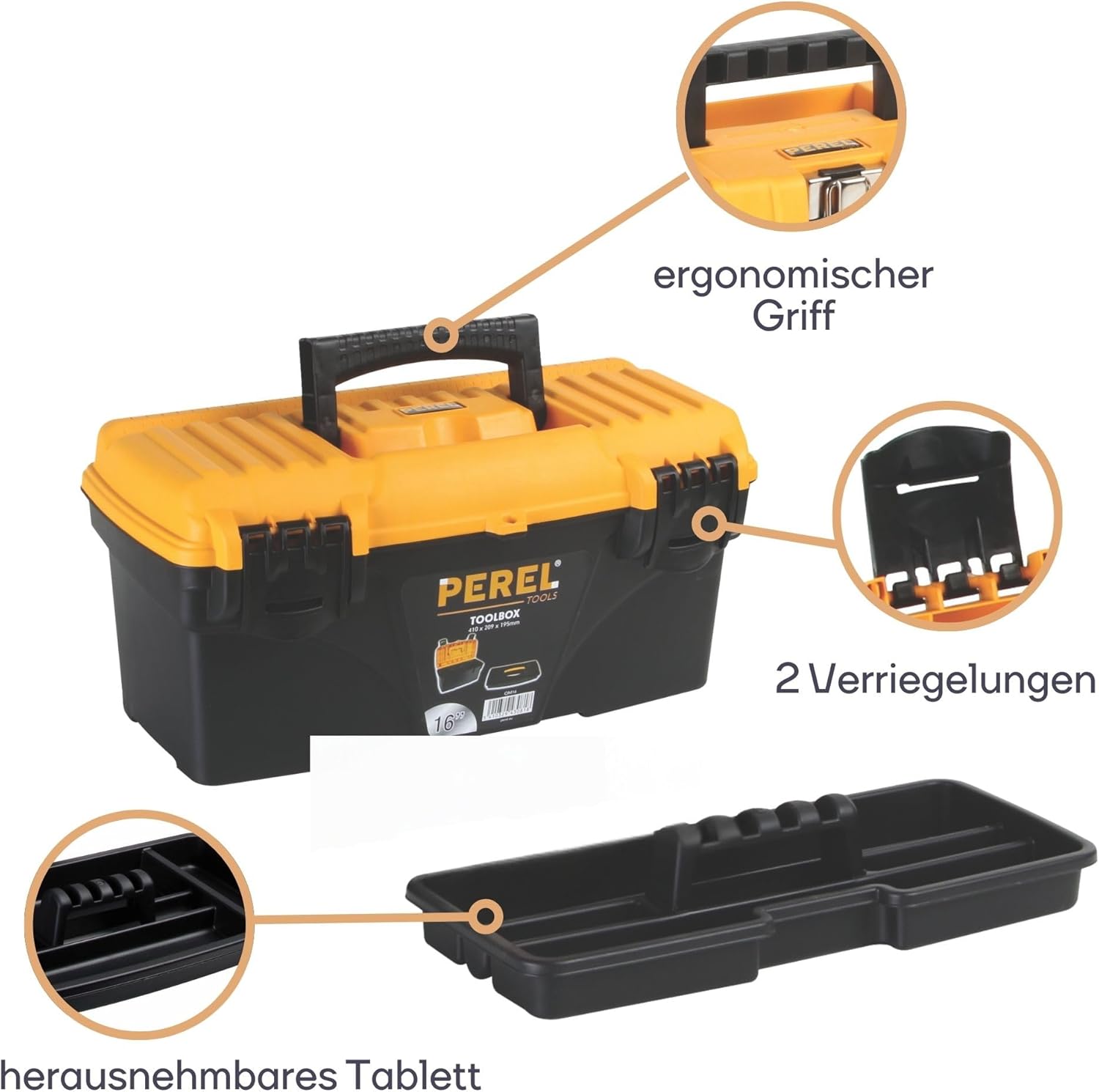 🔥 Angebote & Aktionen – Perel Plastic Tool Box, Empty Tool Box, Tool Organiser Box, Tool Box, Tool Box, 2 Plastic Clasps, Black/Orange, 410 x 209 x 195 mm – Bild 5