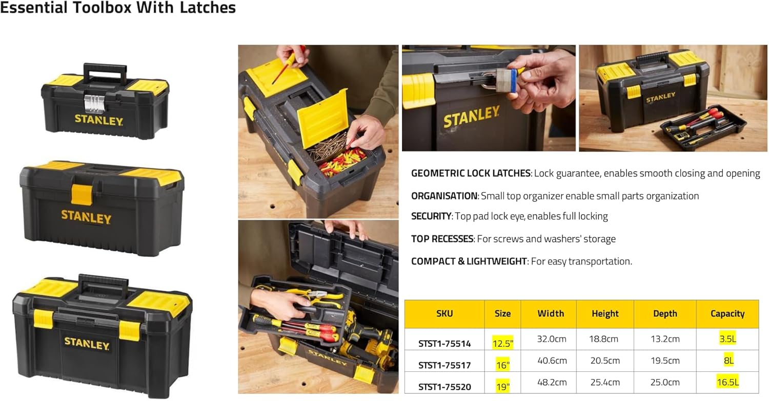 🔥 Angebote & Aktionen – Stanley STST1-75514"Essential" 12.5" Toolbox with Plastic Latches, Black/Yellow – Bild 4