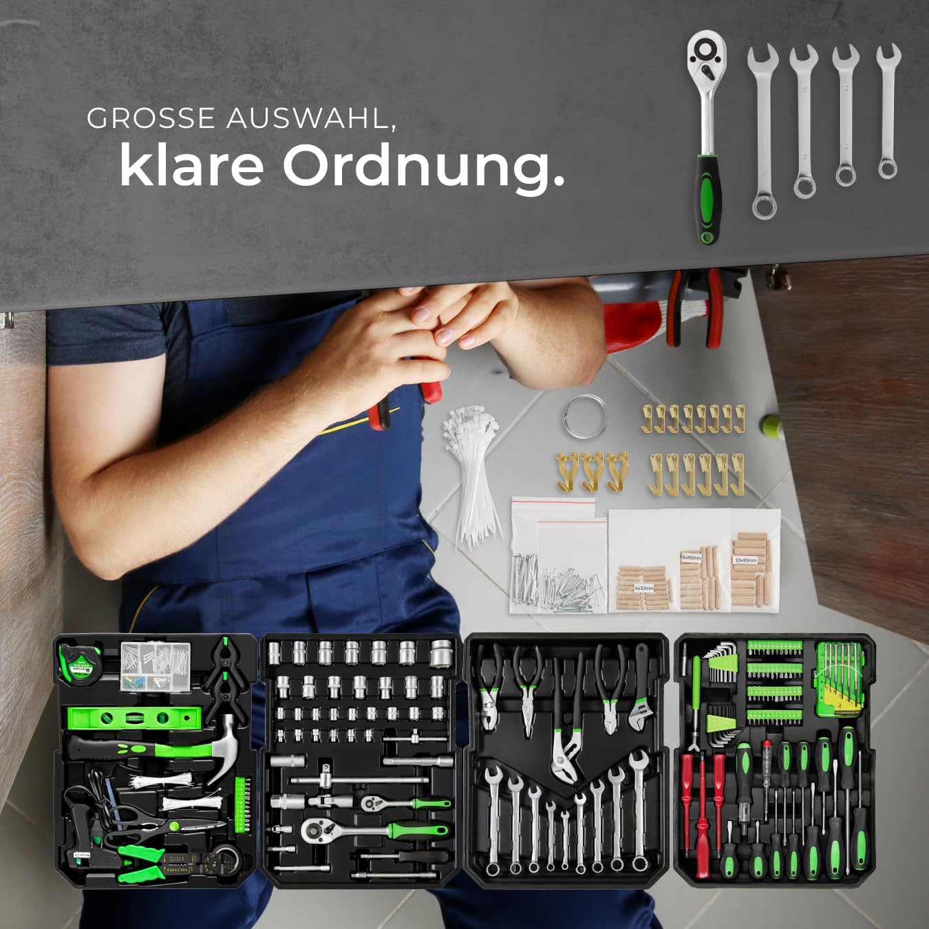🚗 KFZ & Werkstatt – tectake Tool Box, Tool Set, Tool Box Filled 1200 Pieces, Tool Trolley, Tool Box with 4 Levels, Aluminium Case with Wheels and Telescopic Handle - Black – Bild 8