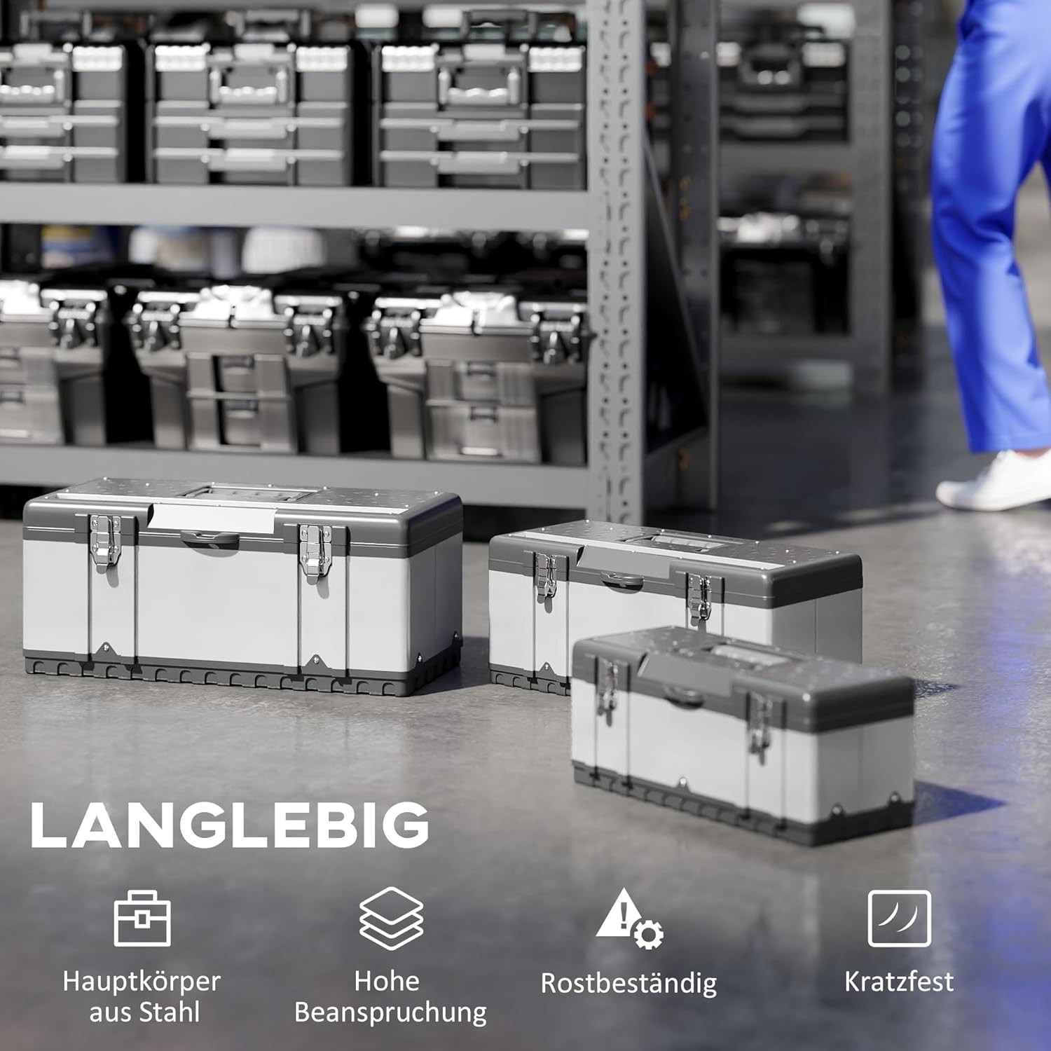 🔥 Angebote & Aktionen – HOMCOM Tool Box Set of 3 Empty Tool Box Tool Box with Removable Tray, Handles, Clasps, Tool Box Made of Stainless Steel, Black and Silver – Bild 4
