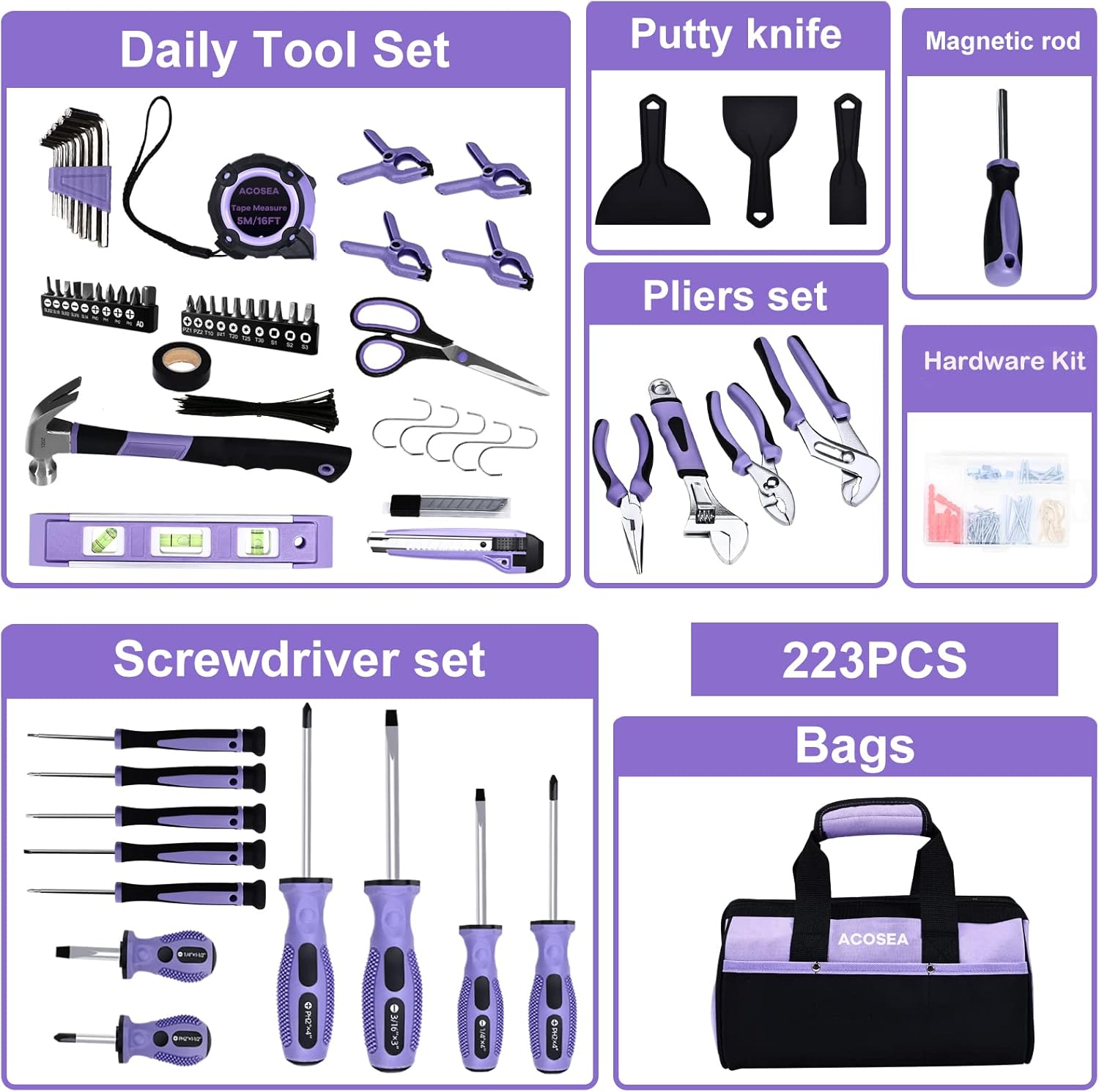 🔥 Angebote & Aktionen – Purple Tool Set, 223 Pieces Tool Set for Women, Tool Set with 13 Inch Wide Mouth, Purple Tool Bag, The Basic Tool Set is Perfect for Home Maintenance – Bild 3