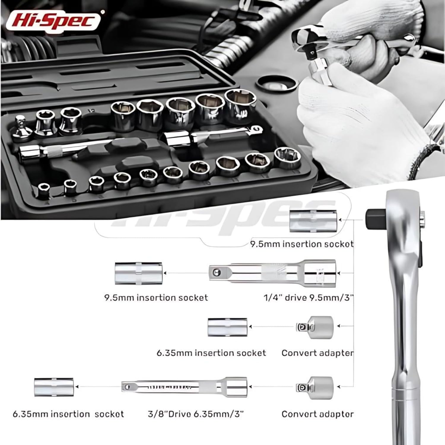 🚗 KFZ & Werkstatt – Hi-Spec 22 Piece 1/4 and 3/8 Inch Drive Socket Set with Ratchet and Extension in Compact Case – Bild 6