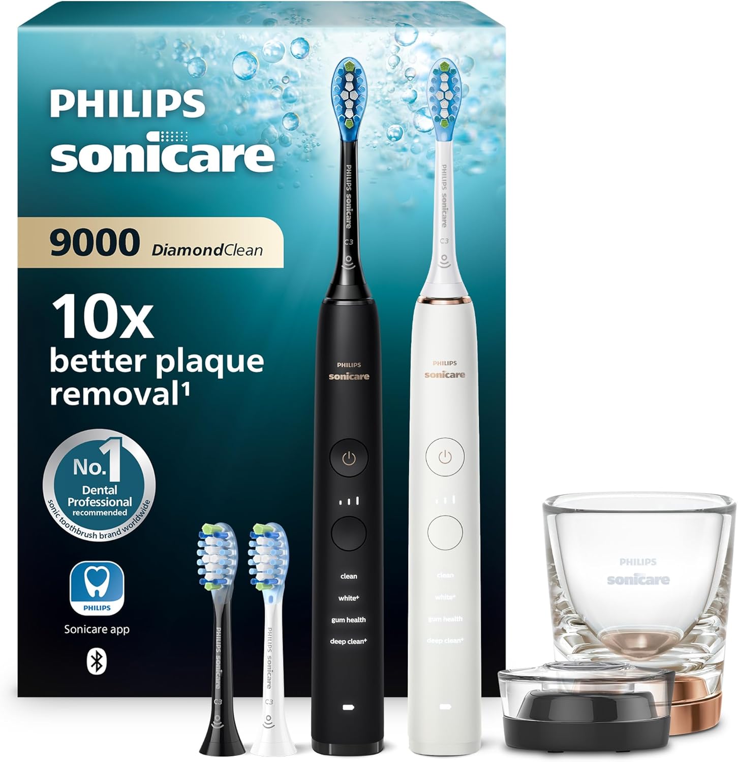 🔥 Angebote & Aktionen – Philips Sonicare DiamondClean 9000 Electric Toothbrush, Twin Pack, with Sound Technology Including App, Pressure Sensor, 4 Cleaning Modes, 3 Intensity Levels, Black and Rose Gold, Model HX9914/61