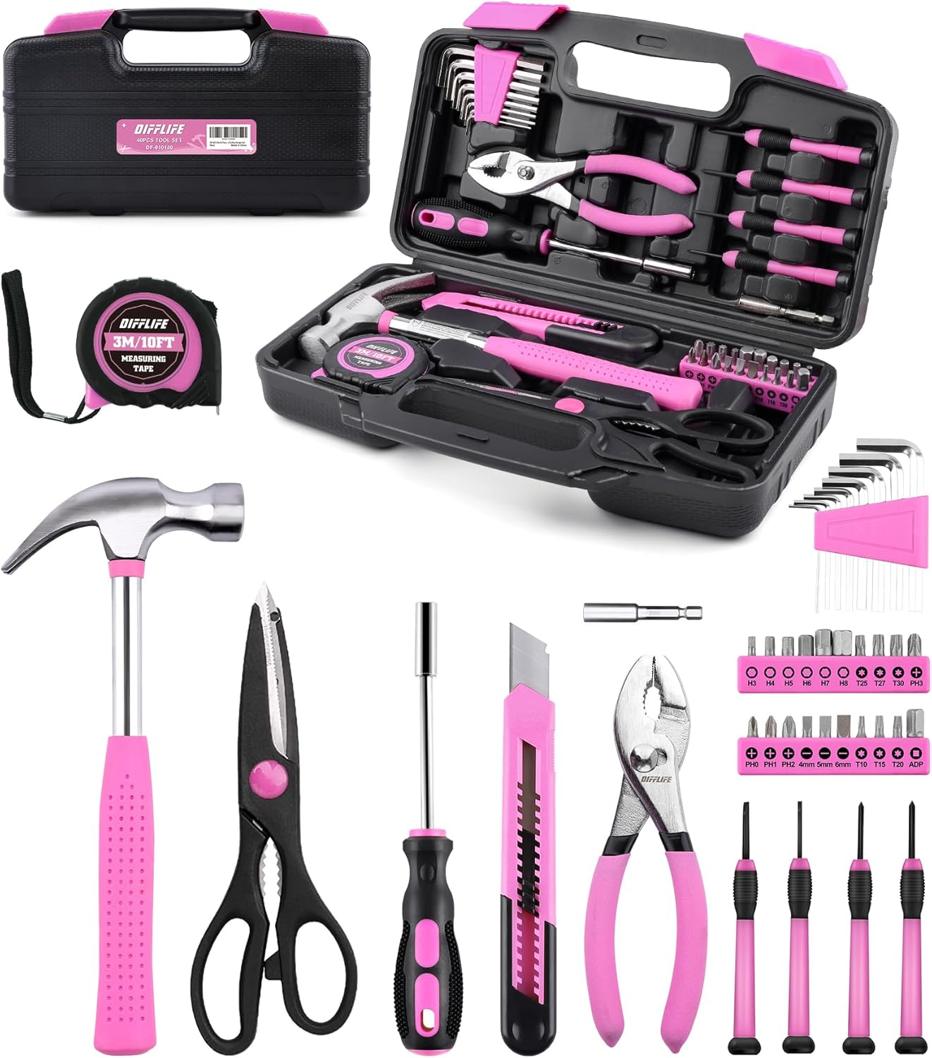 🔥 Angebote & Aktionen – Pink 40 Pcs General Household Hand Tool Set with Plastic Tool Box Storage Case Pink