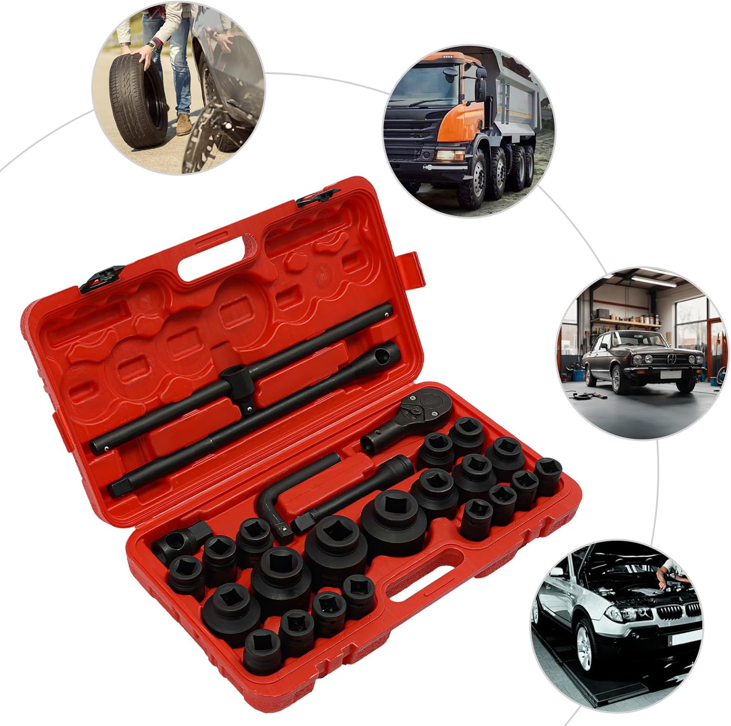 🚗 KFZ & Werkstatt – 3/4 Inch & 1 Inch Socket Set 26-Piece 21-65 mm Socket Set Truck Ratchet Box Set Car Professional with Case for Repairs Modifications etc. on Vehicles or Other Items – Bild 6
