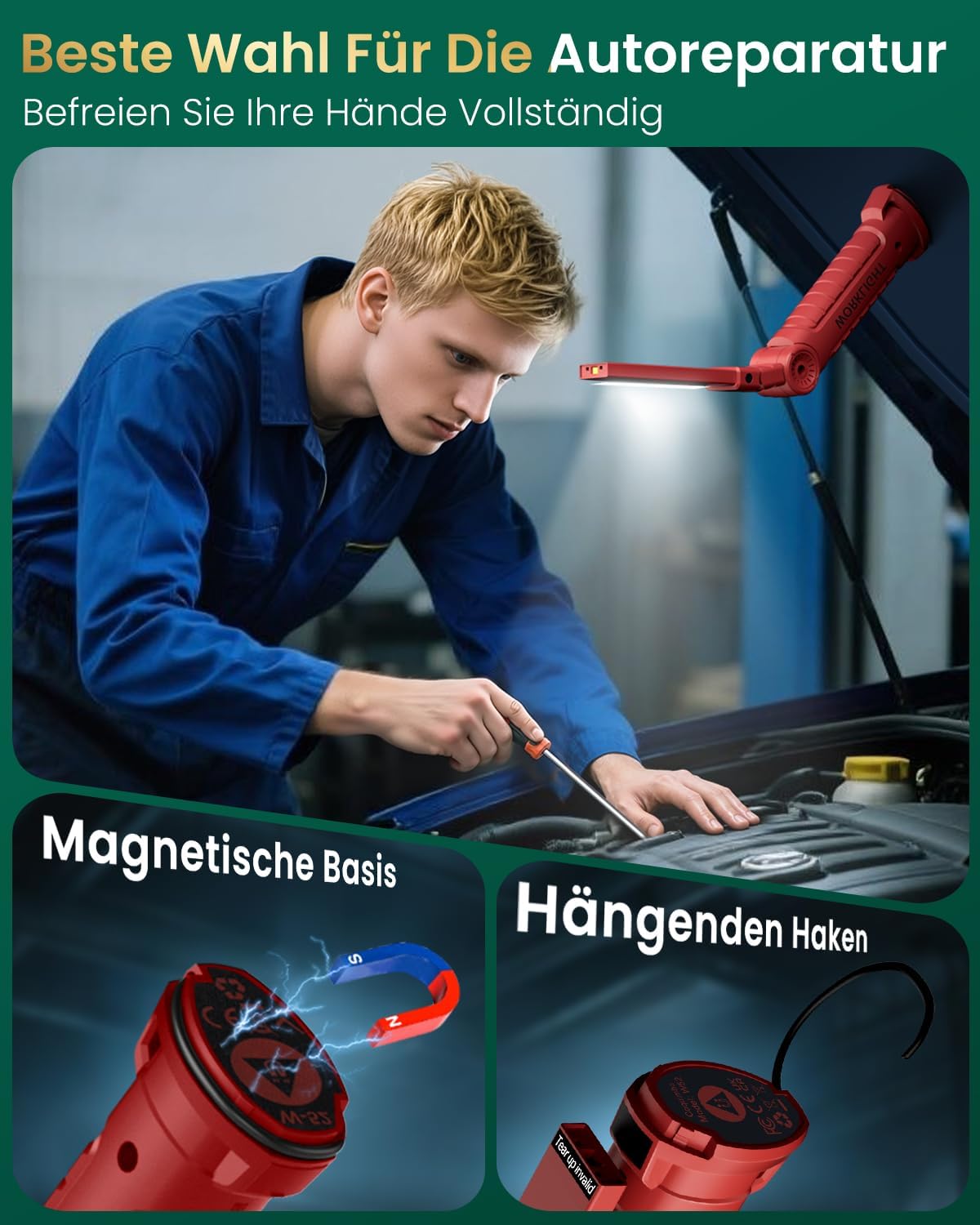 🔥 Angebote & Aktionen – Coquimbo Workshop LED Lamp, Work Torch, Rechargeable Inspection Light, Gifts for Men, Dad, with Magnet and Hook, Gatgets, Anniversary Gifts, Red – Bild 4