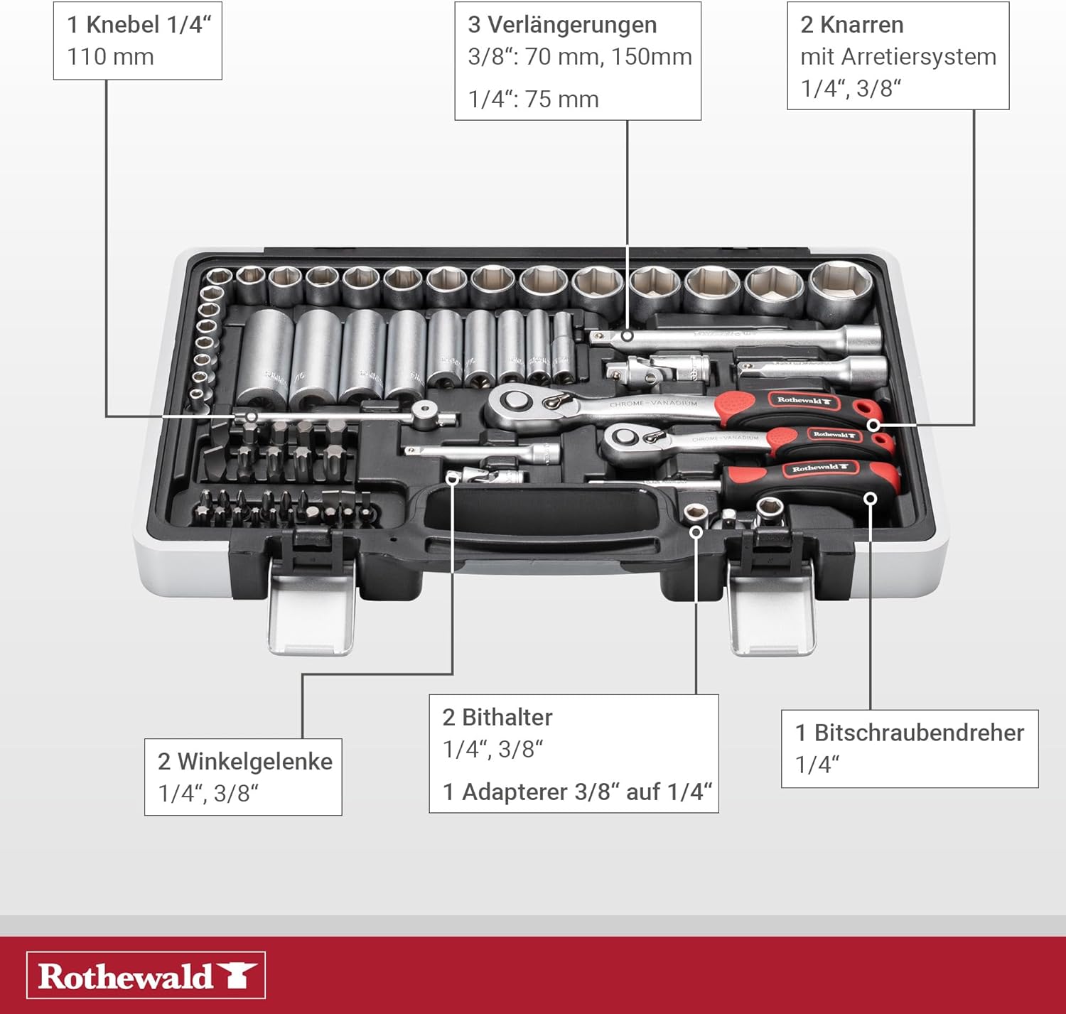 🚗 KFZ & Werkstatt – Inch Tool Set, 92 Pieces, Removable Bit Holder for Inch Bits, Fine Toothed Ratchets, Facilitates Controlled Screwing, Chrome Vanadium Steel – Bild 5