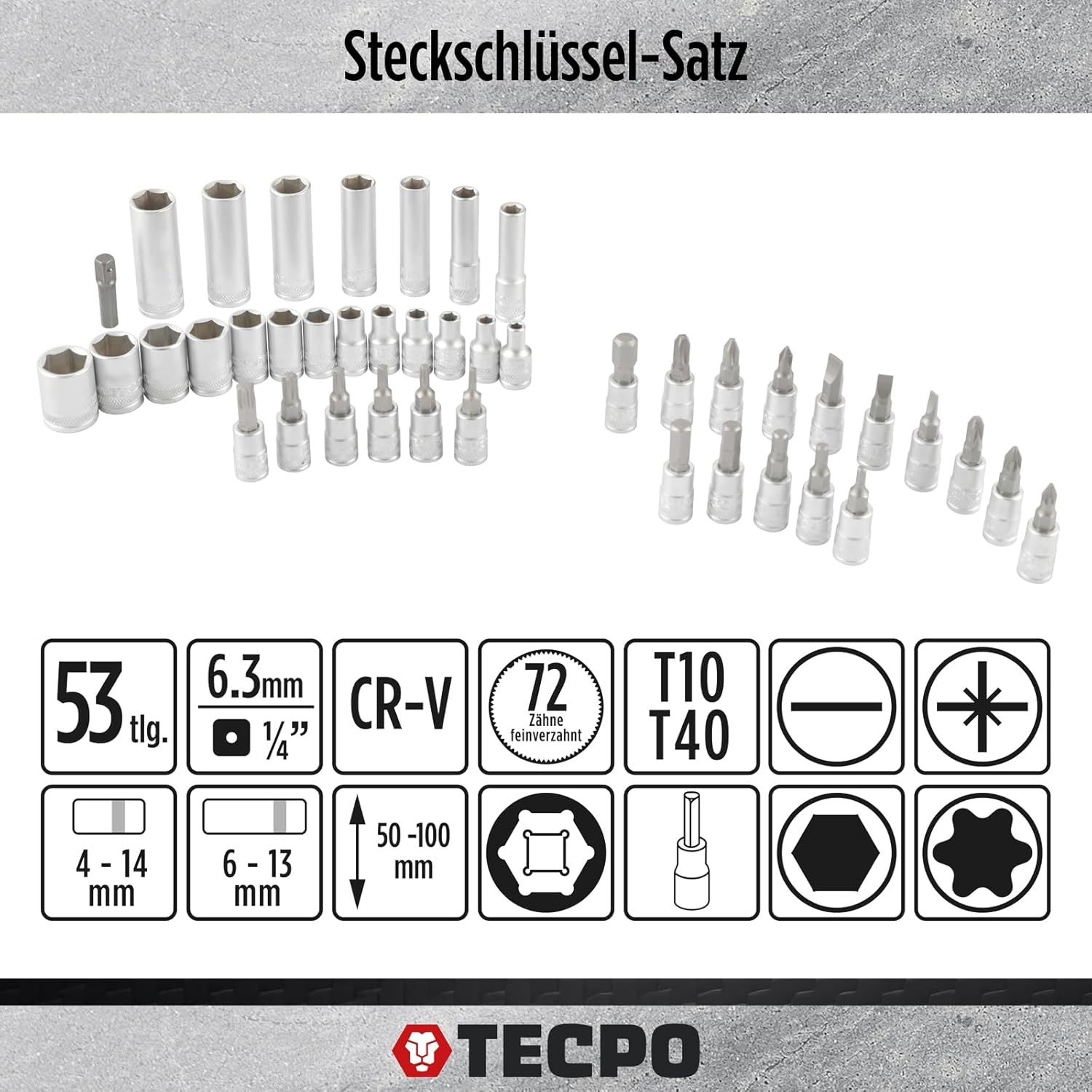 🚗 KFZ & Werkstatt – TECPO Socket Spanner Set 1/4 Inch 53-Piece Lever Reversible Ratchet Extension for Torx, Cross, Slotted & Allen Screws Chrome Vanadium Steel Socket Spanner Inserts Nut Set Nuts – Bild 2