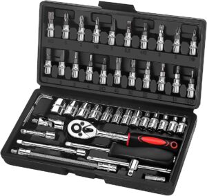 🚗 KFZ & Werkstatt – Set of 46 Ratchet Box Ratchet Box Small Chrome-Plated Tool Box Ratchet and Socket Spanner Set Suitable for Working on Bicycles and Cars Size 1/4 Inch