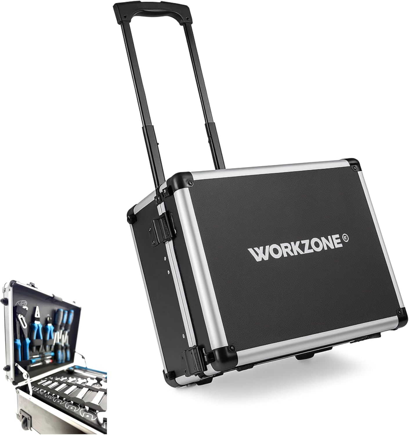 🔥 Angebote & Aktionen – WORKZONE 128 Pcs Aluminum Casing Trolley Tool Box with Wheels Extendable Handle 45.5 x 35.5 x 19.7cm