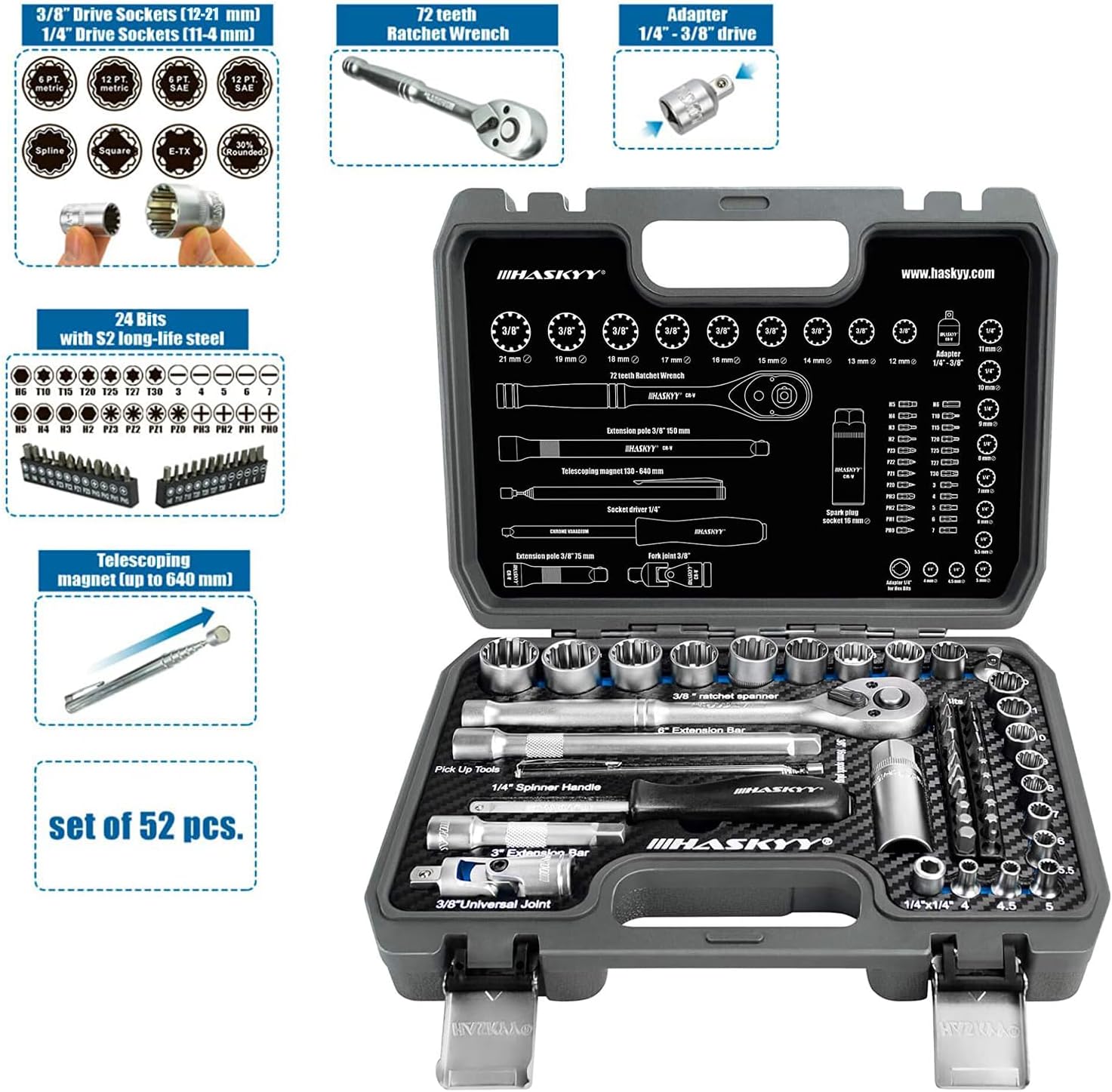 🚗 KFZ & Werkstatt – Multi-Toothed Gear Lock Profile XZN E-Shaped Socket Set 12-Edge 6-Edge Hex Harley Imperial Metric 1/4 and 3/8 Nut Bits 4 - 19 mm Set of 52 – Bild 5