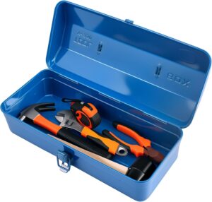⚒️ Bau & Montage – Werkzeugkiste leer, große Werkzeugkiste 37 x 16 x 12 cm, robuste, langlebige Metall-Werkzeugkiste mit Tragegriff und abschließbarem Transportkoffer, universelle Aufbewahrung und Transport von Zubehör (blau)