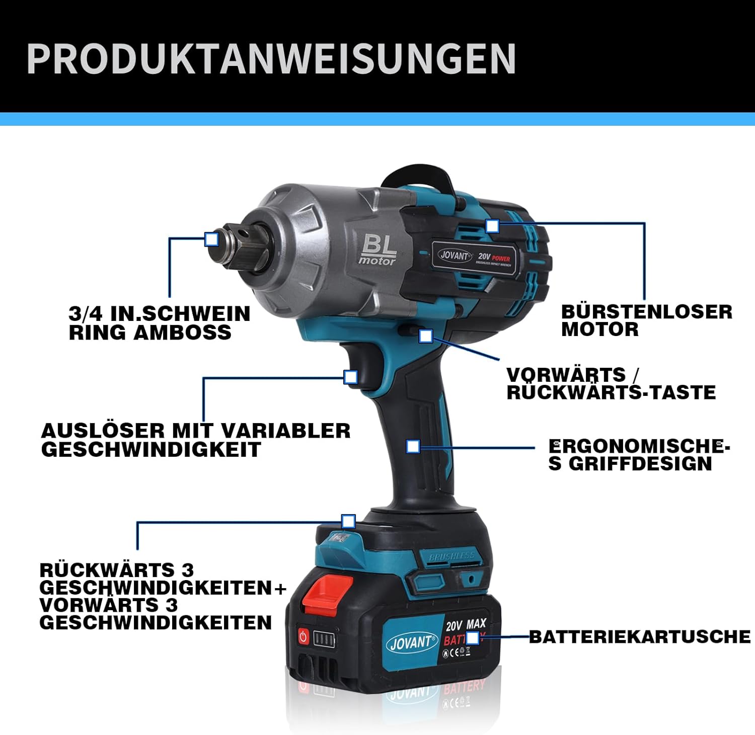 🚗 KFZ & Werkstatt – Battery Impact Wrench, 20 V Max, 1474 Ft-lbs Impact Wrench, 2 x 4.0 Ah Battery, Socket Wrench Accessories, 6 Speed Trigger, LED Light, Quick Charger, Sockets, Rotary Impact Wrench for Car Animals JOVANT – Bild 6