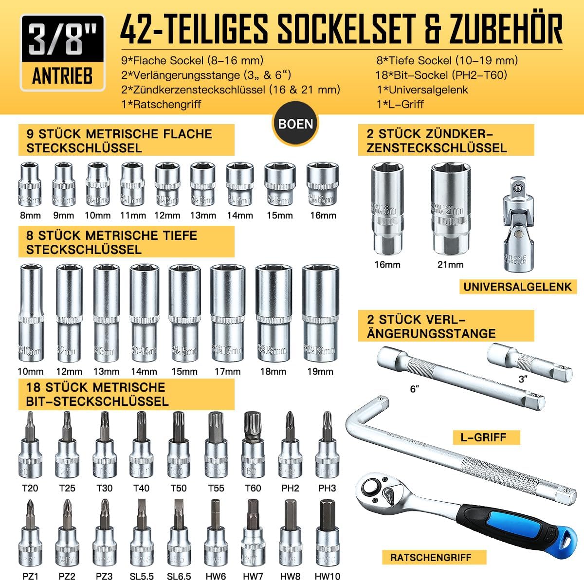🚗 KFZ & Werkstatt – 69-Piece 1/4 Inch & 3/8 Inch Socket Set, Metric Nut Set (4-21 mm) + Bit Set, Professional Tool Set Including 72 Tooth Ratchet, Extension, Rotary Knob & Universal Joint – Bild 2