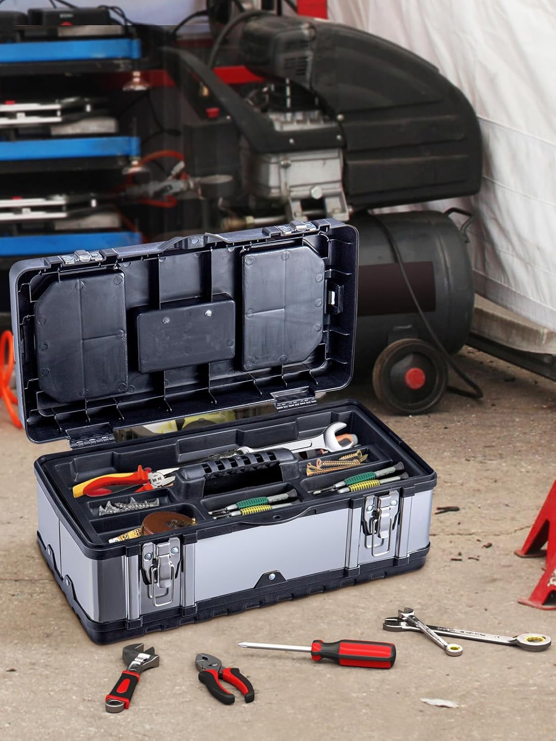 🔥 Angebote & Aktionen – Tool Box Empty Tool Box Approx. 19 Inches 44 x 24 x 20 cm Tool Box with Metal Clasps Sturdy Metal Organiser for Tools Case with Removable Carry Handle – Bild 8
