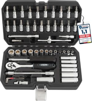 🚗 KFZ & Werkstatt – TECPO Socket Spanner Set 1/4 Inch 53-Piece Lever Reversible Ratchet Extension for Torx, Cross, Slotted & Allen Screws Chrome Vanadium Steel Socket Spanner Inserts Nut Set Nuts