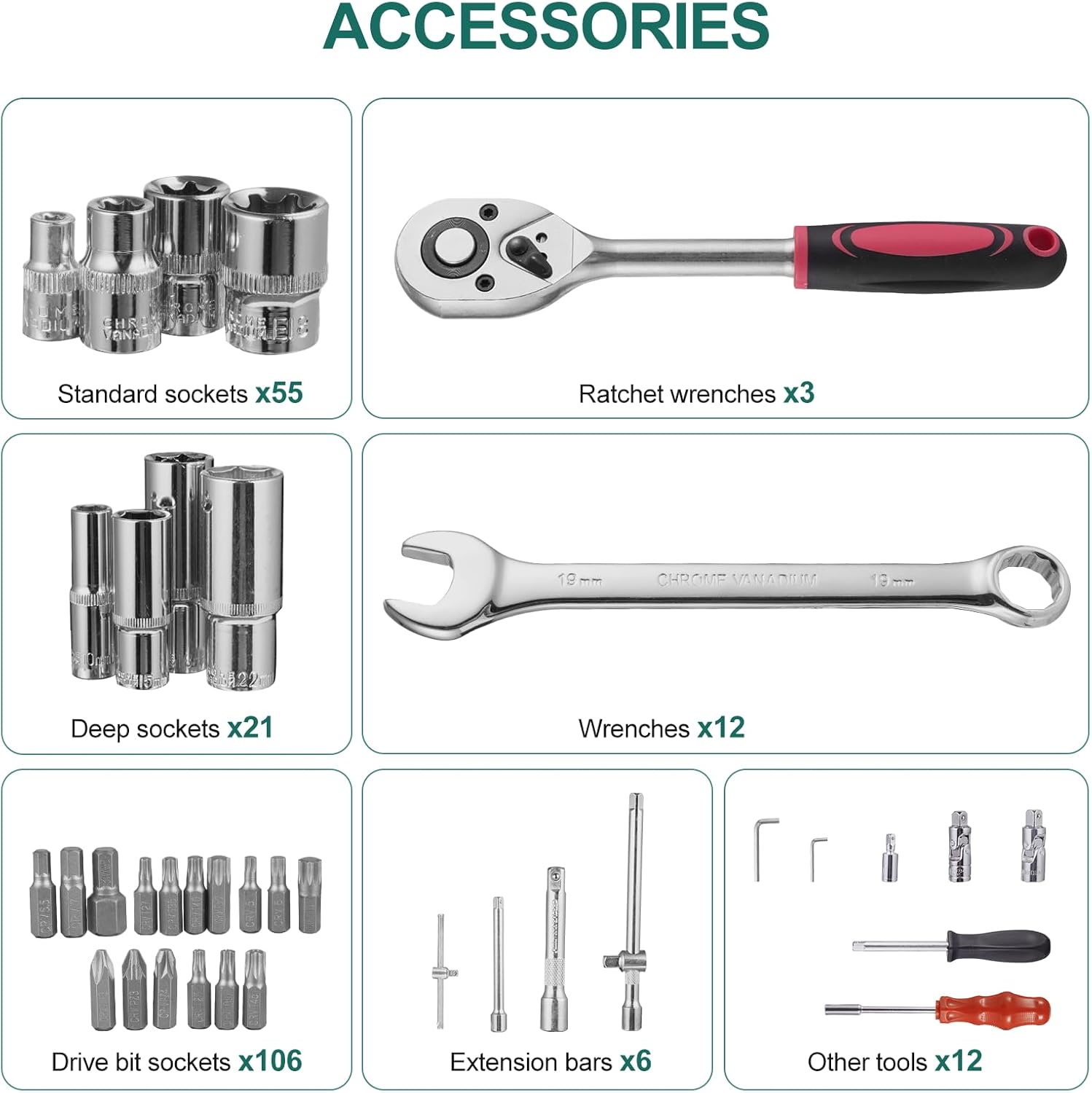 🚗 KFZ & Werkstatt – 216-Piece Ratchet Case Tool Box 1/4 Inch, 3/8 Inch, 1/2 Inch Socket Spanner Set Vanadium Tool and Bit Set Including Bit Attachment Adaptor for Cordless Screwdrivers Tool Set – Bild 4