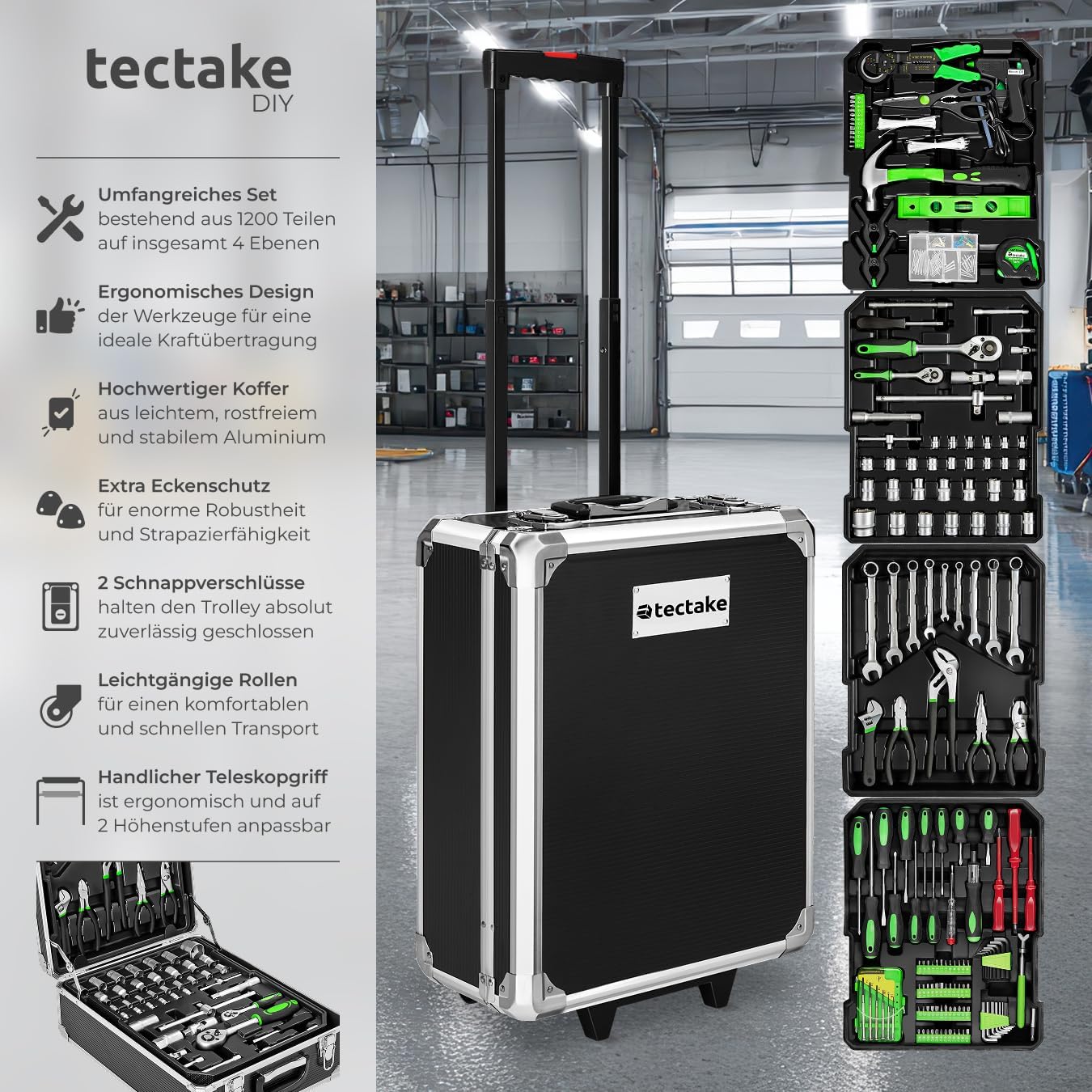 🚗 KFZ & Werkstatt – tectake Tool Box, Tool Set, Tool Box Filled 1200 Pieces, Tool Trolley, Tool Box with 4 Levels, Aluminium Case with Wheels and Telescopic Handle - Black – Bild 2