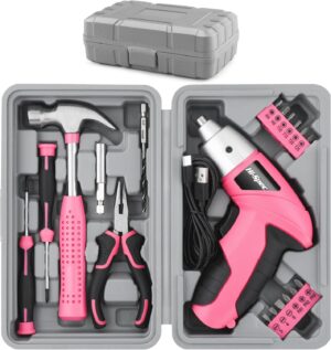 🔥 Angebote & Aktionen – Hi-Spec Small tool box filled for women with hammer, pliers, bit set and pink cordless screwdriver 3.6 V, 19 pieces, easy to use and compact, ideal for small repairs.