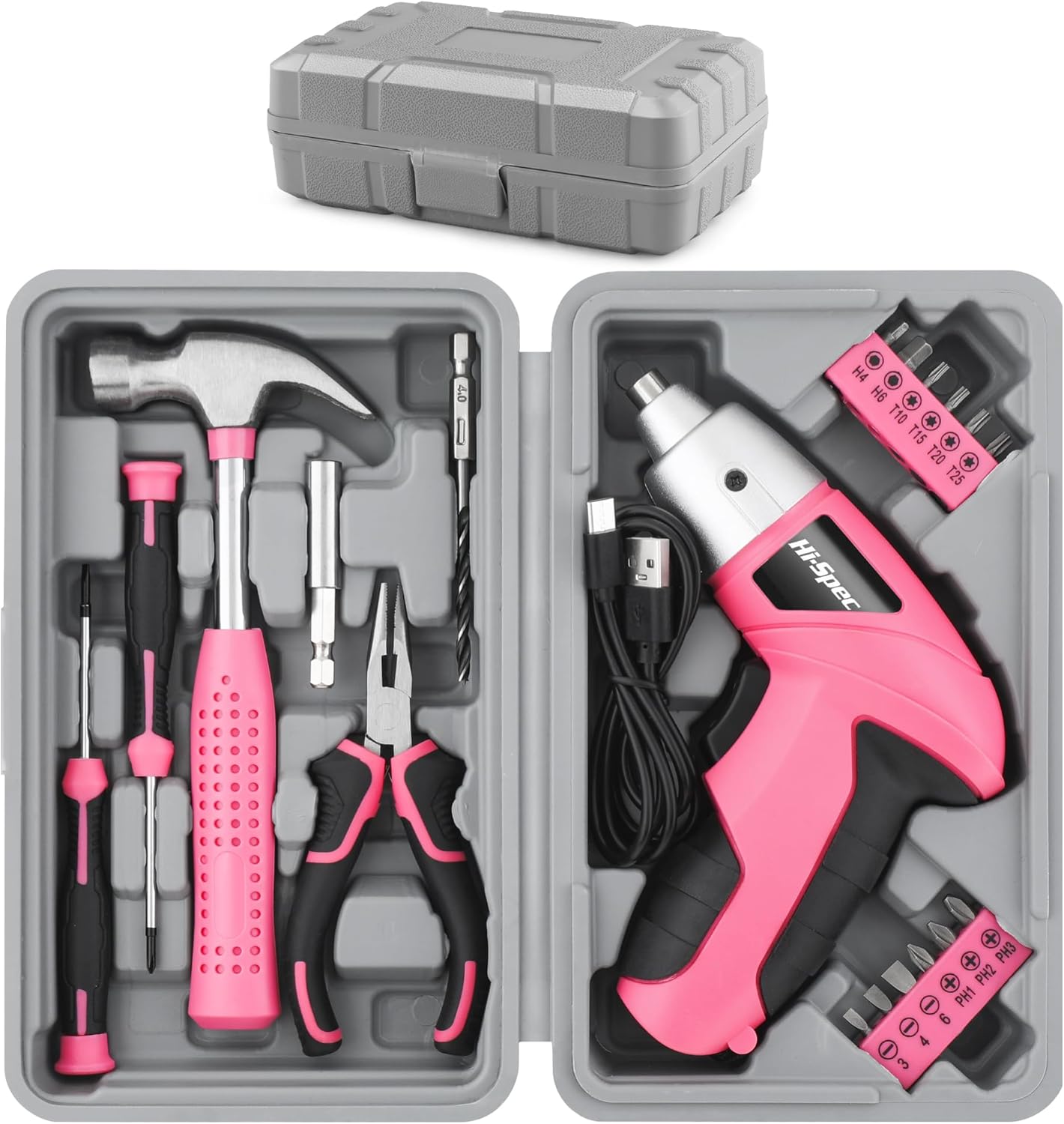 🔥 Angebote & Aktionen – Hi-Spec Small tool box filled for women with hammer, pliers, bit set and pink cordless screwdriver 3.6 V, 19 pieces, easy to use and compact, ideal for small repairs.