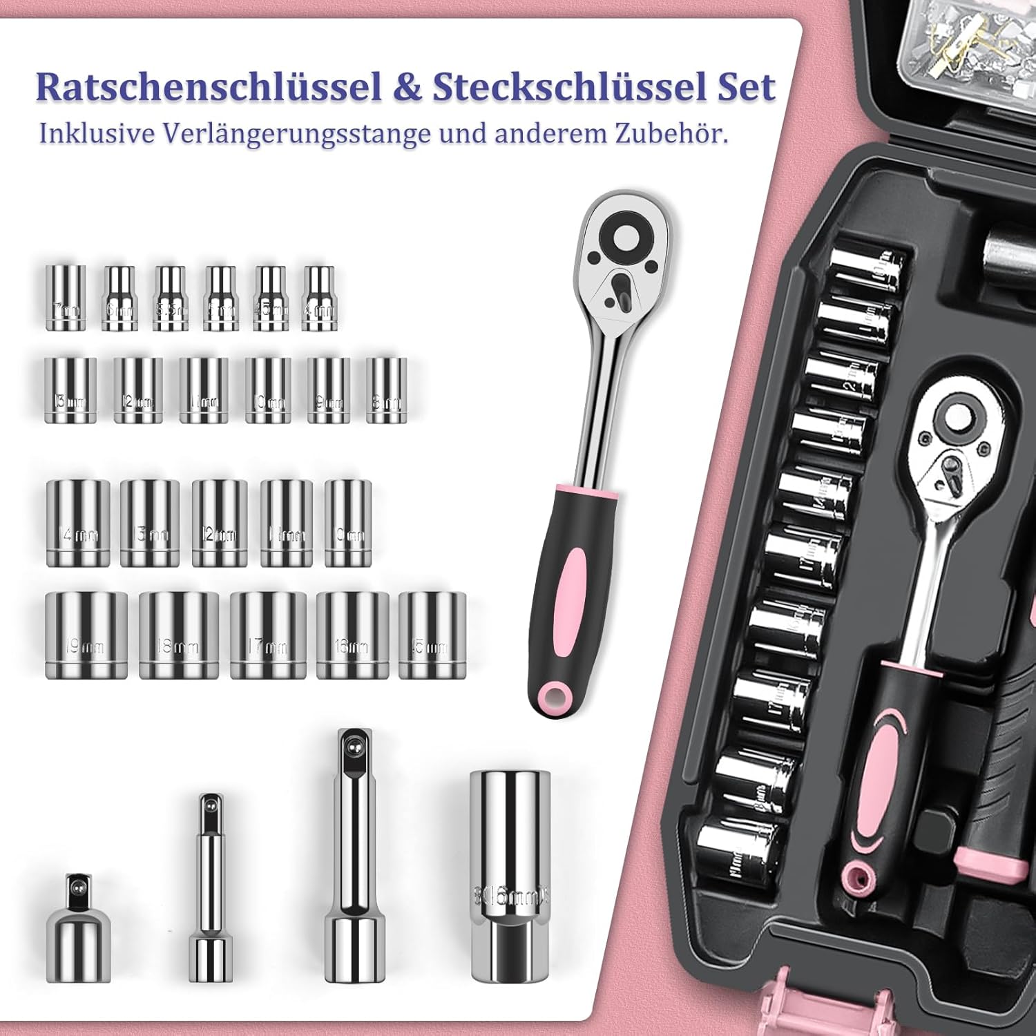 🔥 Angebote & Aktionen – Sundpey Tool Box Filled 281 Pieces - Portable Complete Tool Sets Tool Box with Socket Wrench Set Screwdriver Set Metric Allen Key Pliers Tool Box Pink – Bild 4