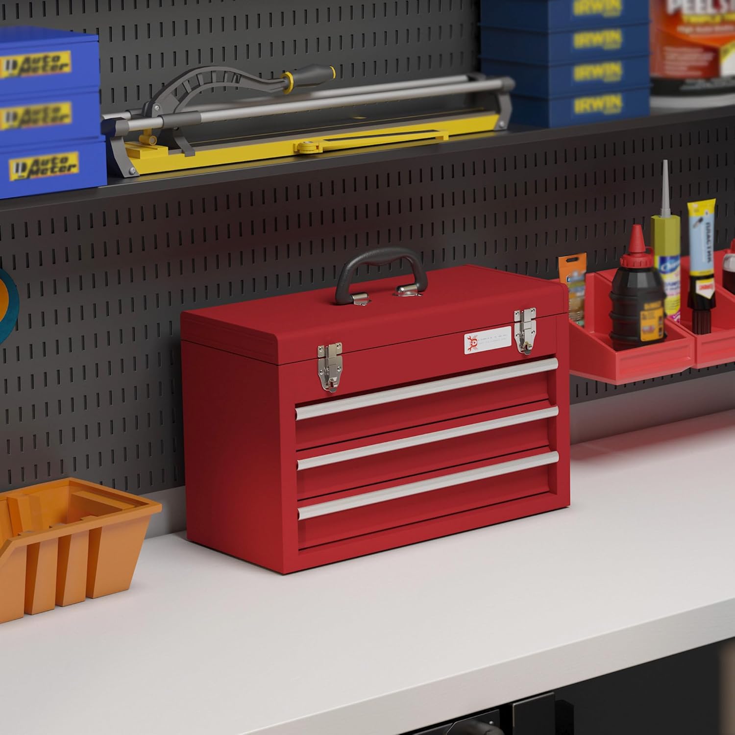 🔥 Angebote & Aktionen – DURHAND Empty Tool Box, Robust Tool Box with 3 Drawers, Compartment, Metal Clasps, Carry Handle, Tool Box for Tools, Household, Workshop, Red – Bild 2