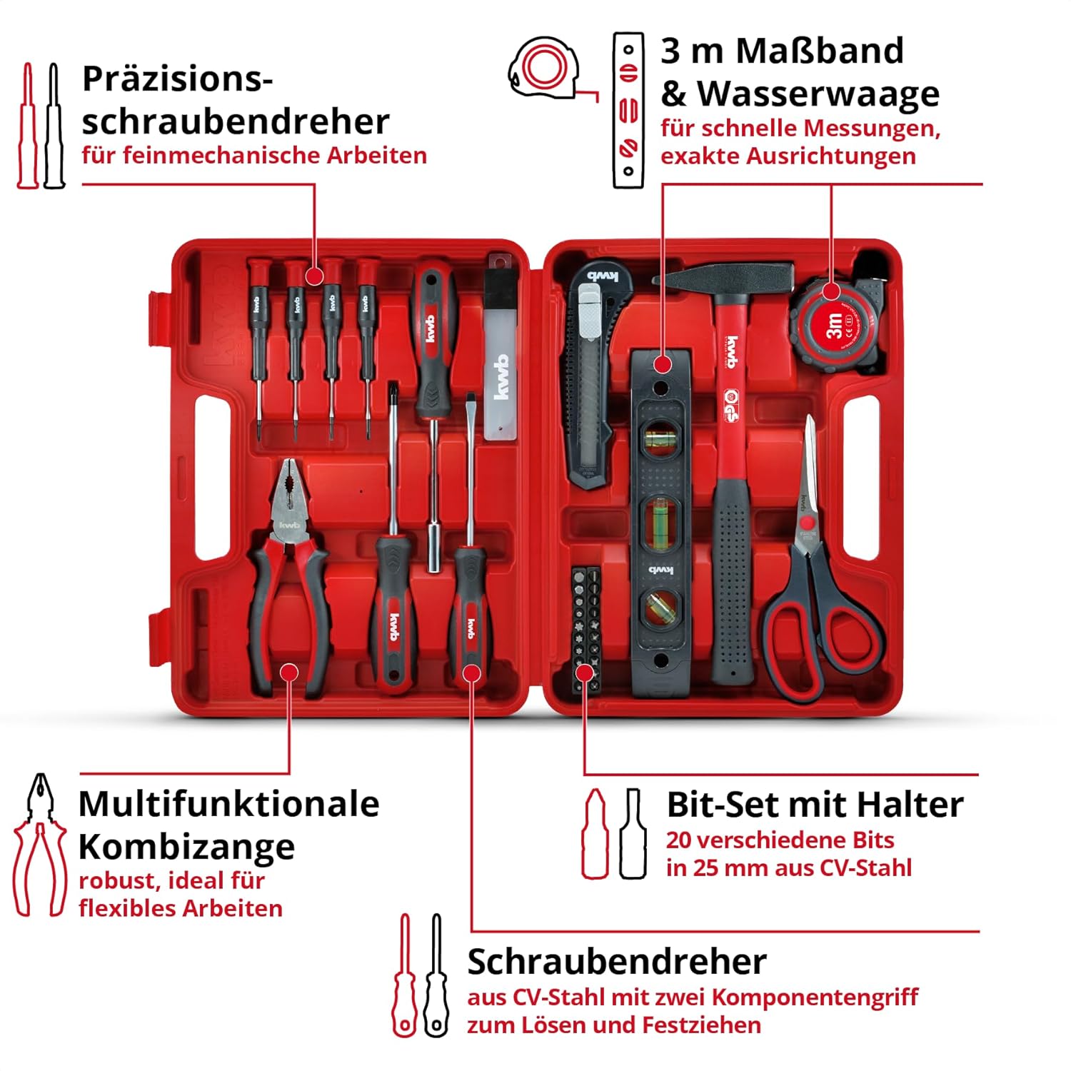 🔥 Angebote & Aktionen – kwb Tool Box 35 Pieces Tool Set Tool Box (Household Basic Equipment with Screwdrivers, Bits, Combination Pliers, Tape Measure, Hammer, Scissors, Spirit Level, Snap Off Blade Knife, etc.) – Bild 3