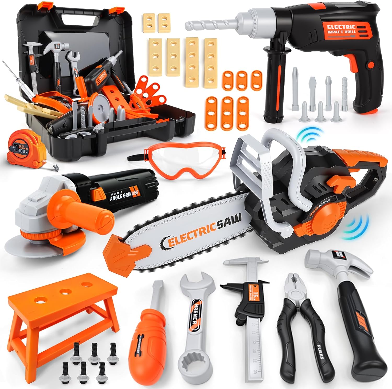 ⚡ Elektro & Technik – Kinder Werkzeugkasten, Werkzeugset Kinder mit Kettensäge & Bohrmaschine & Winkelschleifer, Rollenspielspielzeug ab 3 4 5 6 7 8 Jahre Jungen Mädchen (50 Teile)