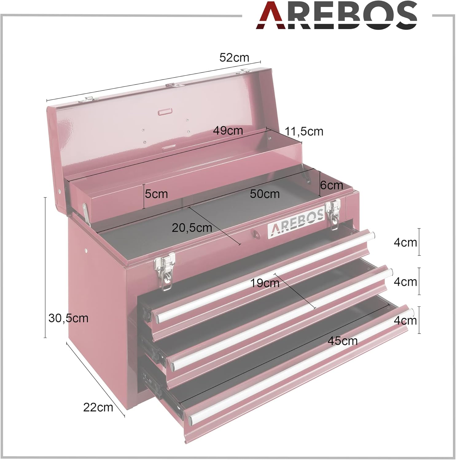 🔥 Angebote & Aktionen – Arebos Tool Box with 3 Drawers and 2 Storage Compartments 52 x 22 x 30.5 cm | Lockable Tool Box | Tool Box with Carry Handle & Snap Fasteners | Non-Slip Mats | Red – Bild 7