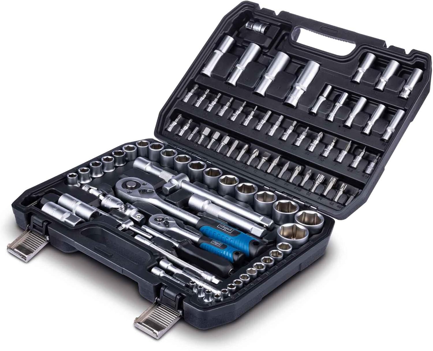 🚗 KFZ & Werkstatt – Scheppach Tool Box TB97 / TB100, 94 Piece Tool Set in Robust Plastic Case, Tools Made of High-Quality Chrome Vanadium Steel, Socket Spanner Inserts, Bit Inserts, Allen Keys and Much More