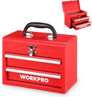 🔥 Angebote & Aktionen – WORKPRO Metal Drawer Box with 2 Drawers & Top Storage Space Red, 27.5 x 15 x 20.8 cm, Table Organiser with Drawers & Handle for Office, Changing Room and Desk, Portable Tool Box