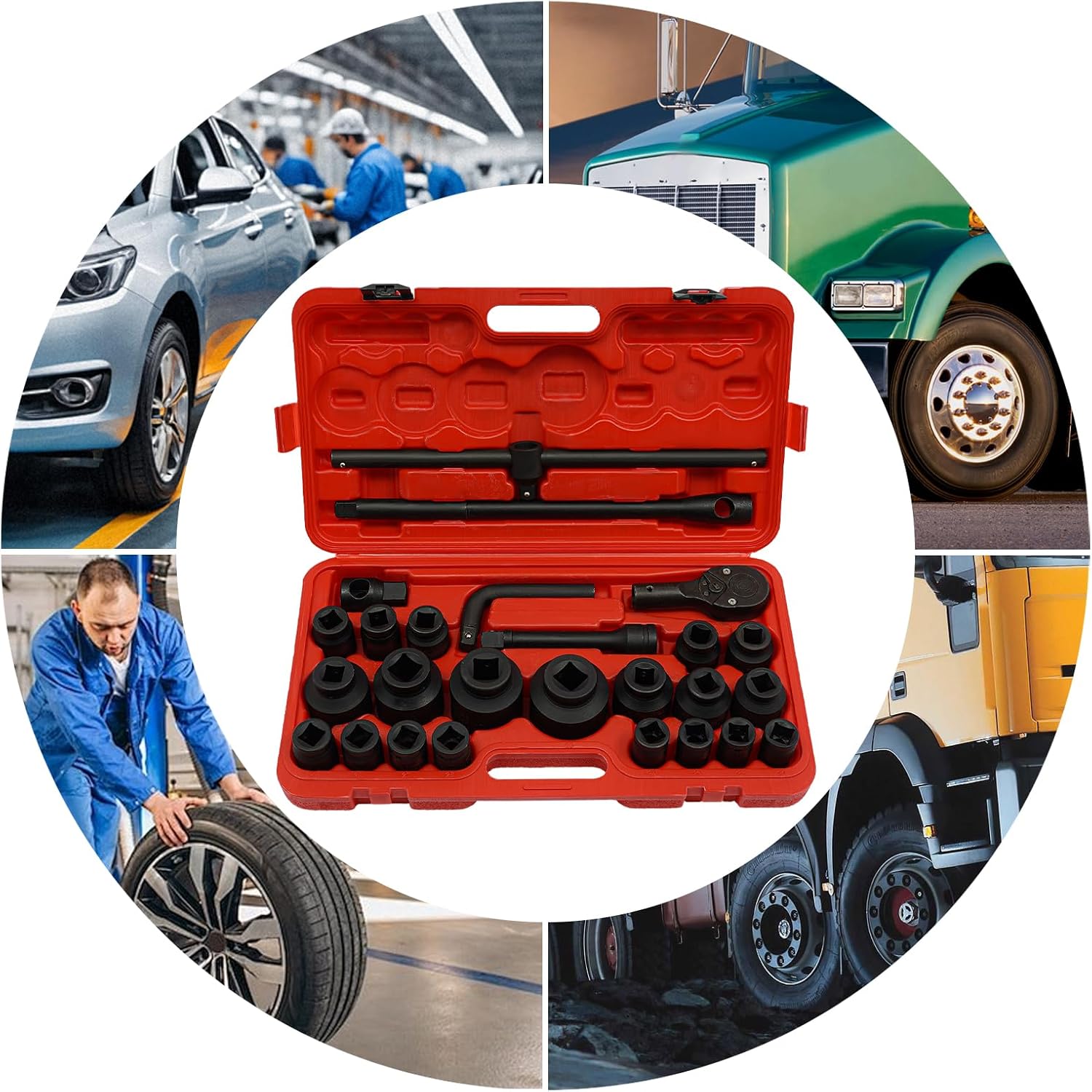 🚗 KFZ & Werkstatt – 26-Piece Socket Set 3/4 Inch and 1 Inch Drive, Ratchet Box with Impact Wrench Nuts Made of 45 Carbon Steel, Heavy Duty Socket Set for Car and Industry, with Carry Case – Bild 3