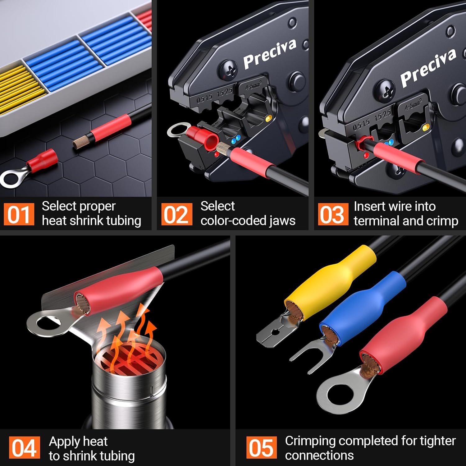 ⚡ Elektro & Technik – Preciva Crimpzangen-Set mit 600 Teilen (490 Kabelverbinder + 110 Schrumpfschläuche) Aderendhülsen-Set für 0,5–6 mm² – ergonomische Ratschen-Crimpzange mit Aufbewahrungskoffer für Auto, Elektro, Haushalt – Bild 5