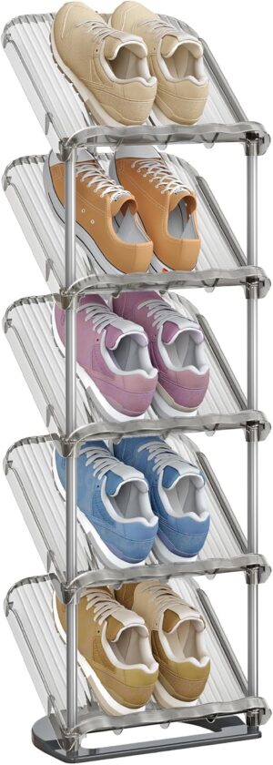 🔥 Angebote & Aktionen – SONGMICS Shoe Rack 5 Tier Slanted Shoe Rack Shoe Storage Plastic 24.5 x 28.4 x 102.5 cm Flexible Combination Entrance Hallway Dressing Room Grey LPC049GZ01