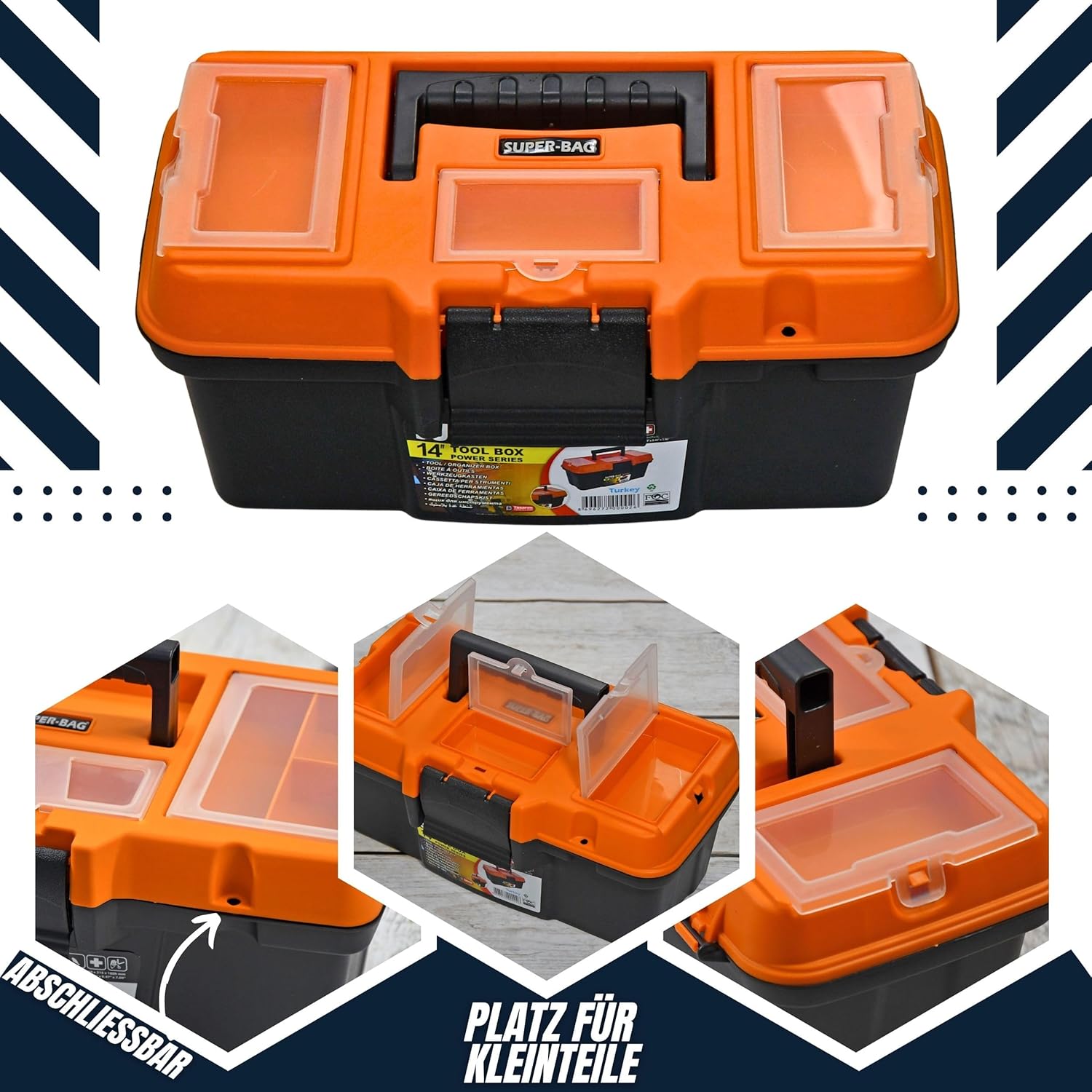 ⚒️ Bau & Montage – Leerer klassischer Werkzeugkasten 14 Zoll (34 x 17 x 15 cm), abschließbar, Werkzeugkasten mit Griff & Kleinteilefächern & ideal für Heimwerker, Handwerker, Werkzeugkasten aus Kunststoff – Bild 3