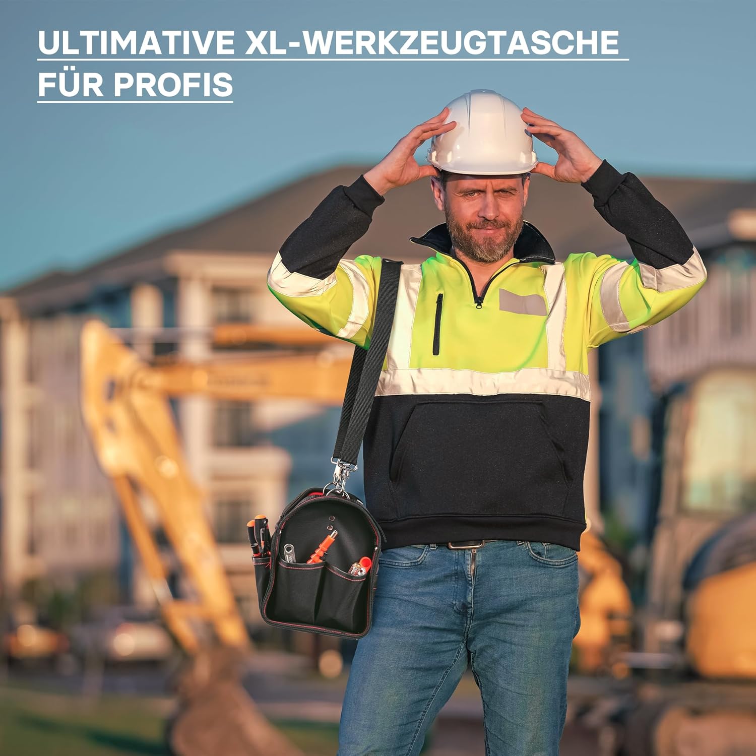 ⚒️ Bau & Montage – XL-Werkzeugtasche mit verstellbarem Schultergurt und Tragegriff, Innen- und Außentaschen – Bild 2