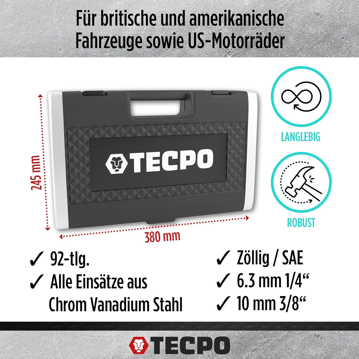 🚗 KFZ & Werkstatt – Tecpo 300383 Inch Tool Set - Harley Socket Spanner Nut Set - Ratchet Box - Socket Box – Bild 3