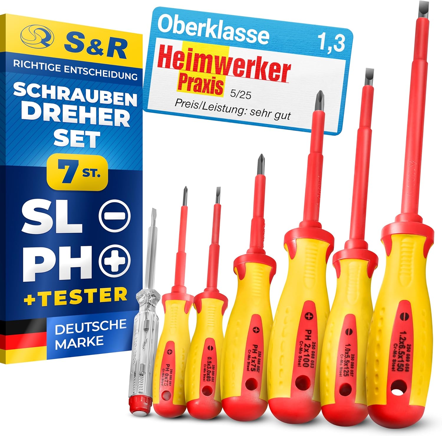⚡ Elektro & Technik – S&R Isolated Screwdrivers Electricians Set VDE-tested (German Electrical Engineering Association), Power-form-handle 7-Piece, SL PH Tester Professional quality