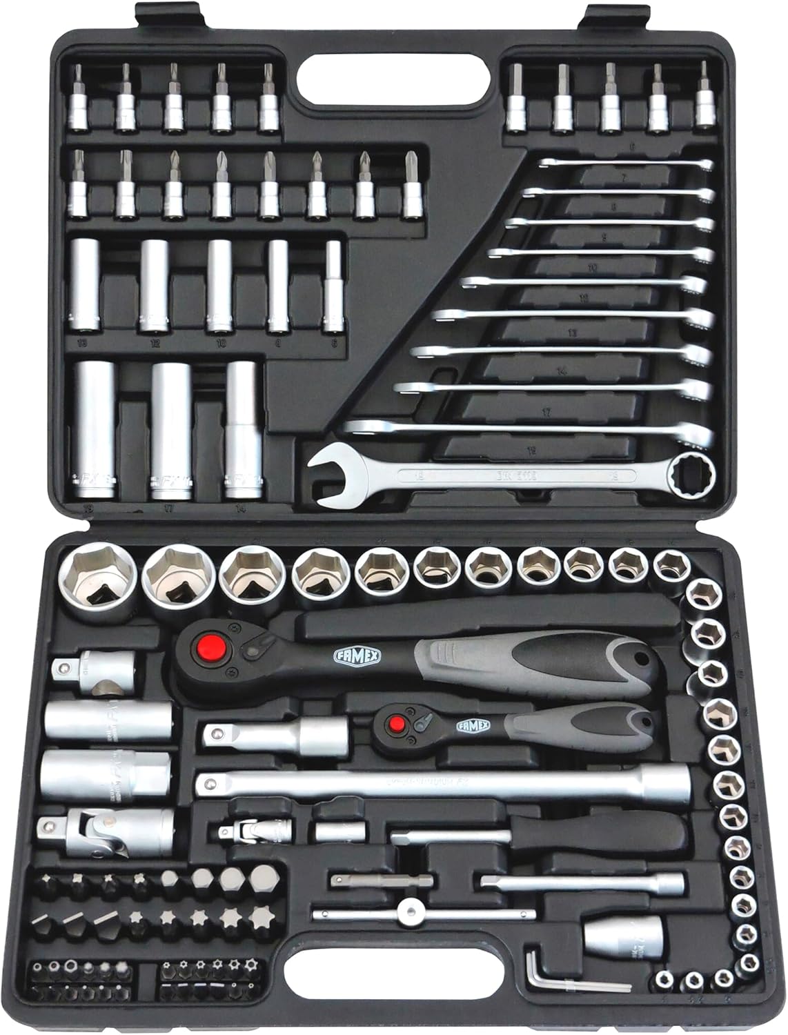 🚗 KFZ & Werkstatt – Famex 568-FX-46 Socket Spanner Set with 72-Tooth Ratchet, 12.5 mm 1/2 Inch and 6.3 mm 1/4 Inch Drive from 4 to 32 mm/120 Pieces