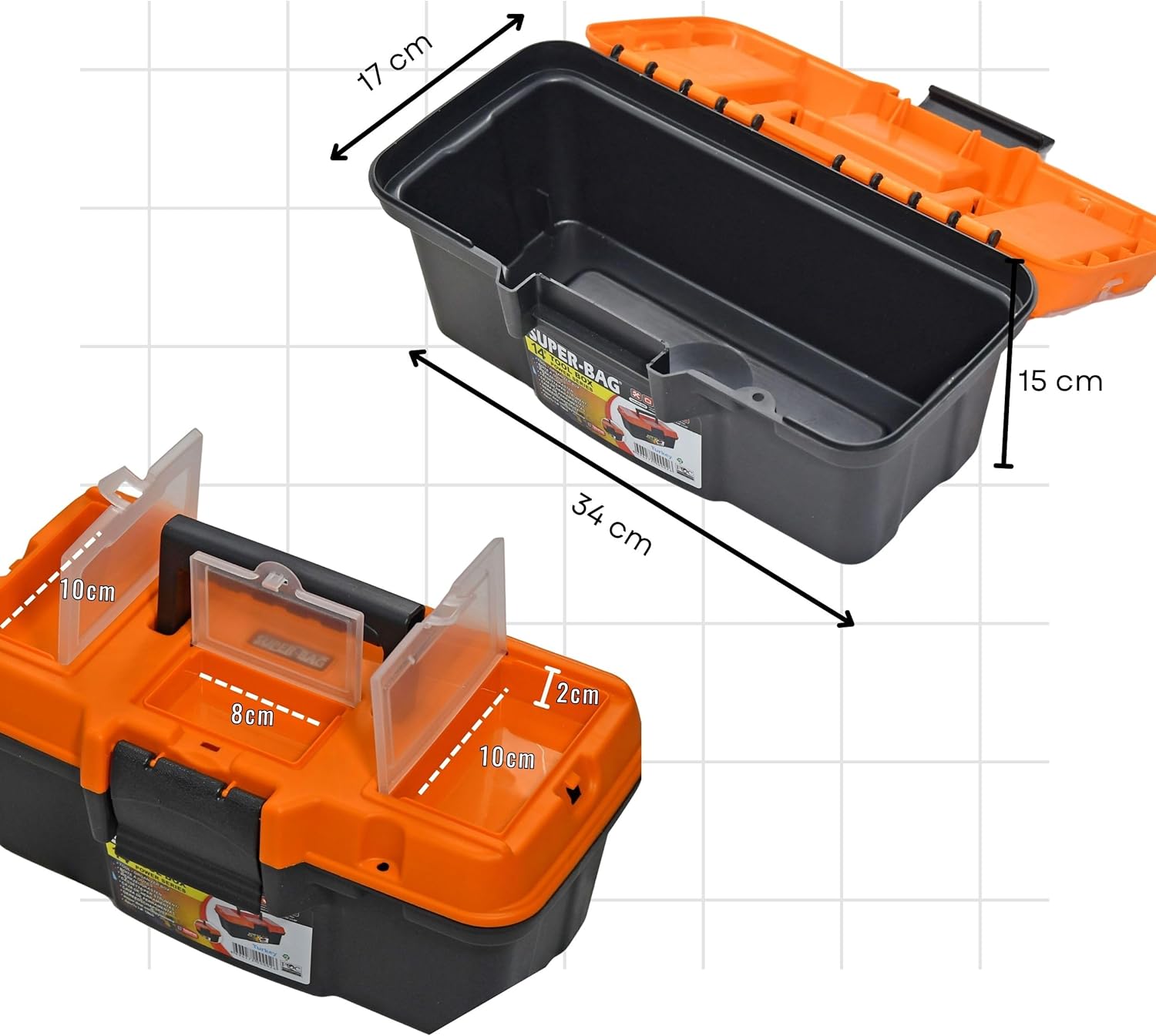 ⚒️ Bau & Montage – Leerer klassischer Werkzeugkasten 14 Zoll (34 x 17 x 15 cm), abschließbar, Werkzeugkasten mit Griff & Kleinteilefächern & ideal für Heimwerker, Handwerker, Werkzeugkasten aus Kunststoff – Bild 7