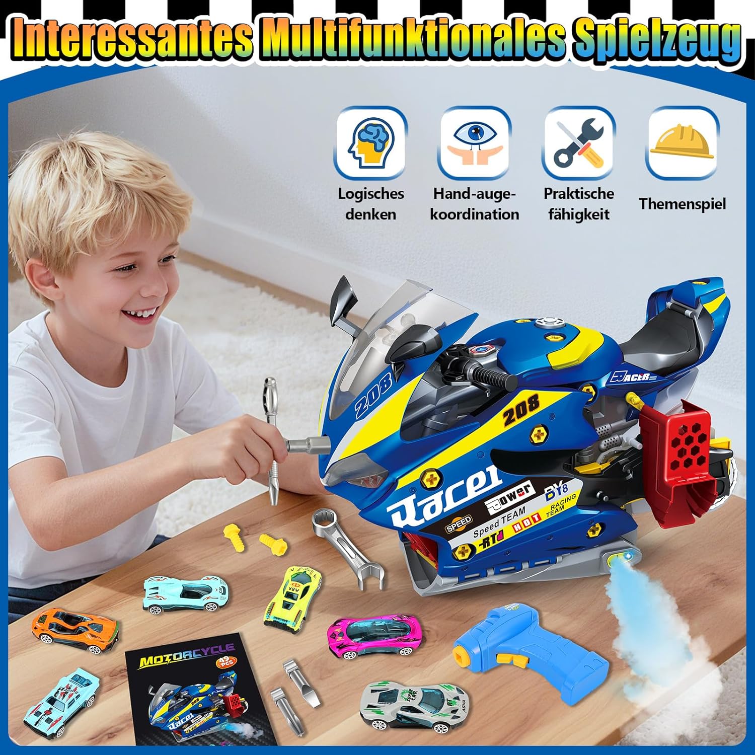 ⚡ Elektro & Technik – Kinder-Autoschrauben mit Bohrer, großes Moto-Set zum Schrauben, Spielzeug-Set mit Licht und Ton, Reparaturfunktionen, Lernspielzeug, Geschenke für Jungen, Geburtstag, 3–8 Jahre – Bild 5