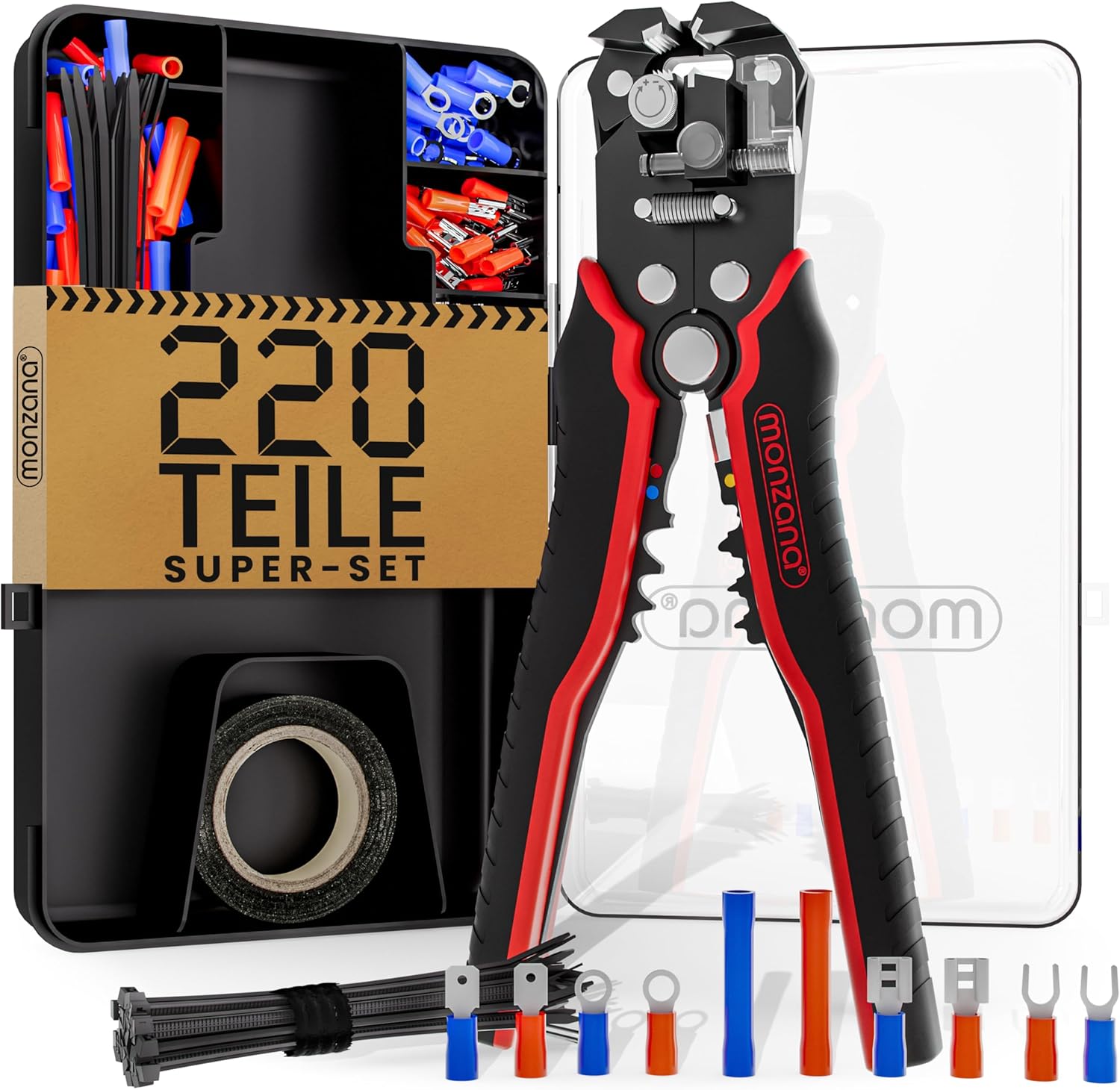 ⚡ Elektro & Technik – MONZANA Abisolierzange 3-in-1-Set, 220-teilig, Zubehörbox, 0,2–6 mm², Stahl, automatisches Isolierband, Kabelbinder, elektrisches Abisolierwerkzeug, Crimpzange, Kabel