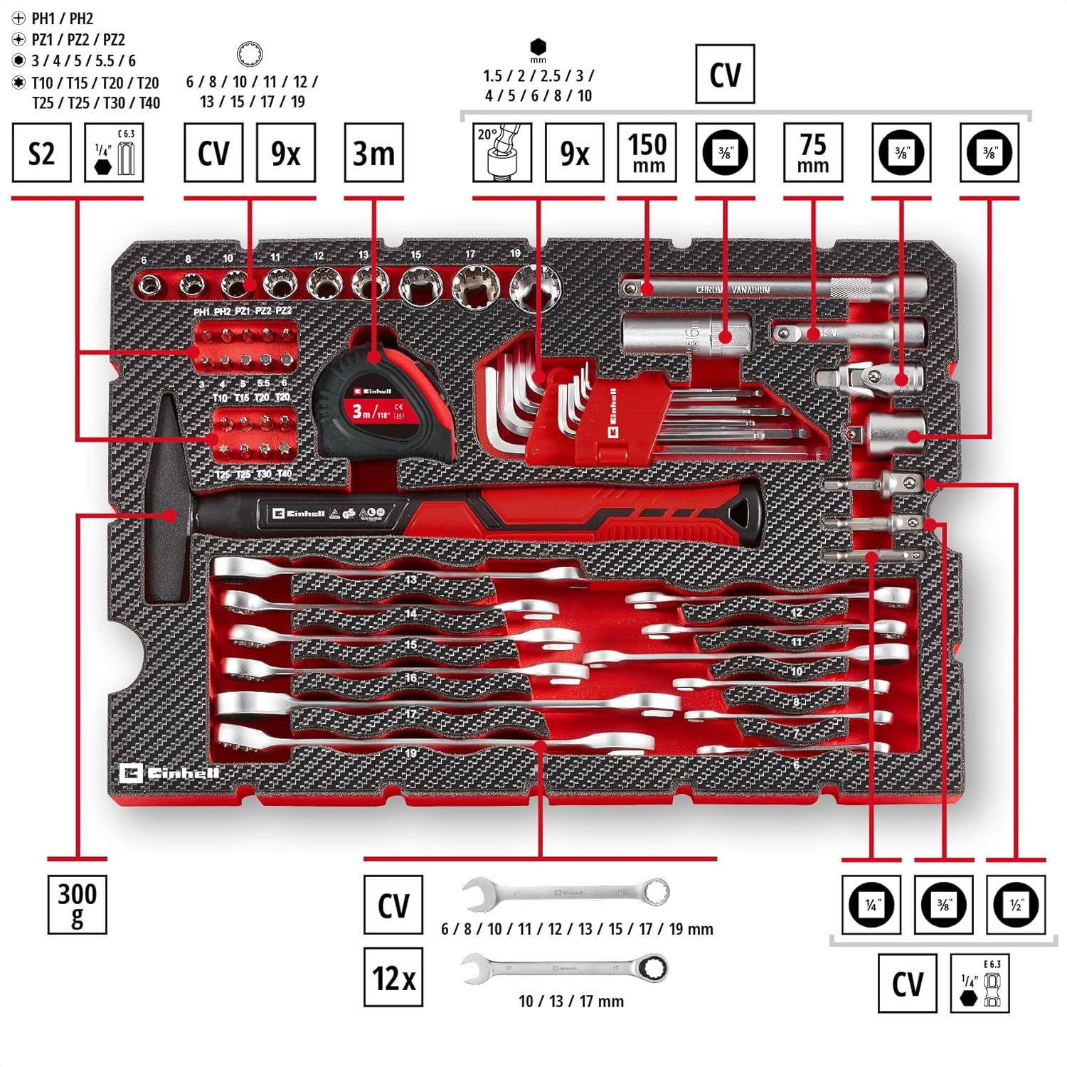⚡ Elektro & Technik – Original Einhell E-CASE 80-tlg. Werkzeugkoffer (Werkzeug-Set im robusten, stapelbaren Kunststoffkoffer als ideale Grundausstattung für den Haushalt, die Werkstatt oder unterwegs) – Bild 2