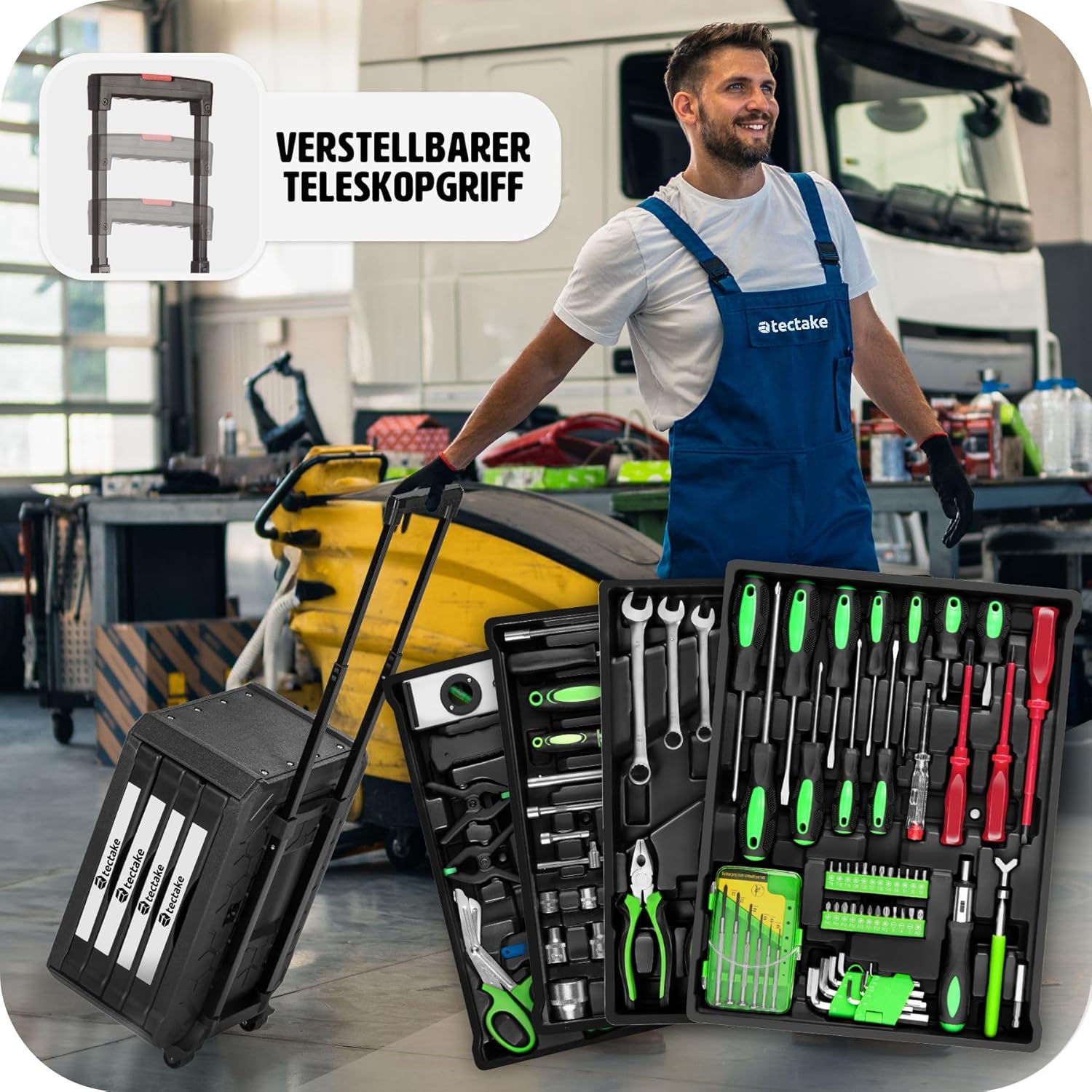 🔥 Angebote & Aktionen – tectake Tool Set in Aluminium Case, Tool Box Filled 899 Pieces, Tool Trolley with 4 Drawers, Telescopic Handle, Large Tool Box for Professional and Household - Black – Bild 4