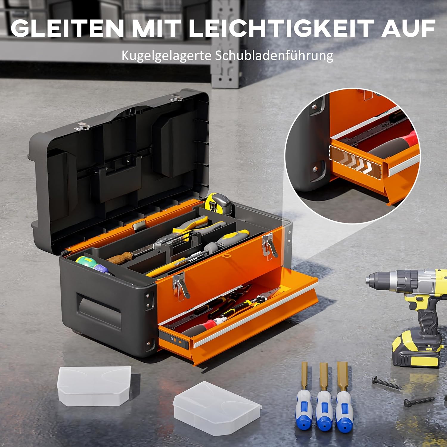 ⚡ Elektro & Technik – HOMCOM Leerer Werkzeugkasten, robuster Werkzeugkasten mit Schubladenfächern, Tragegriff, Werkzeugkasten für Werkzeug, Haushalt, Werkstatt, Orange – Bild 5