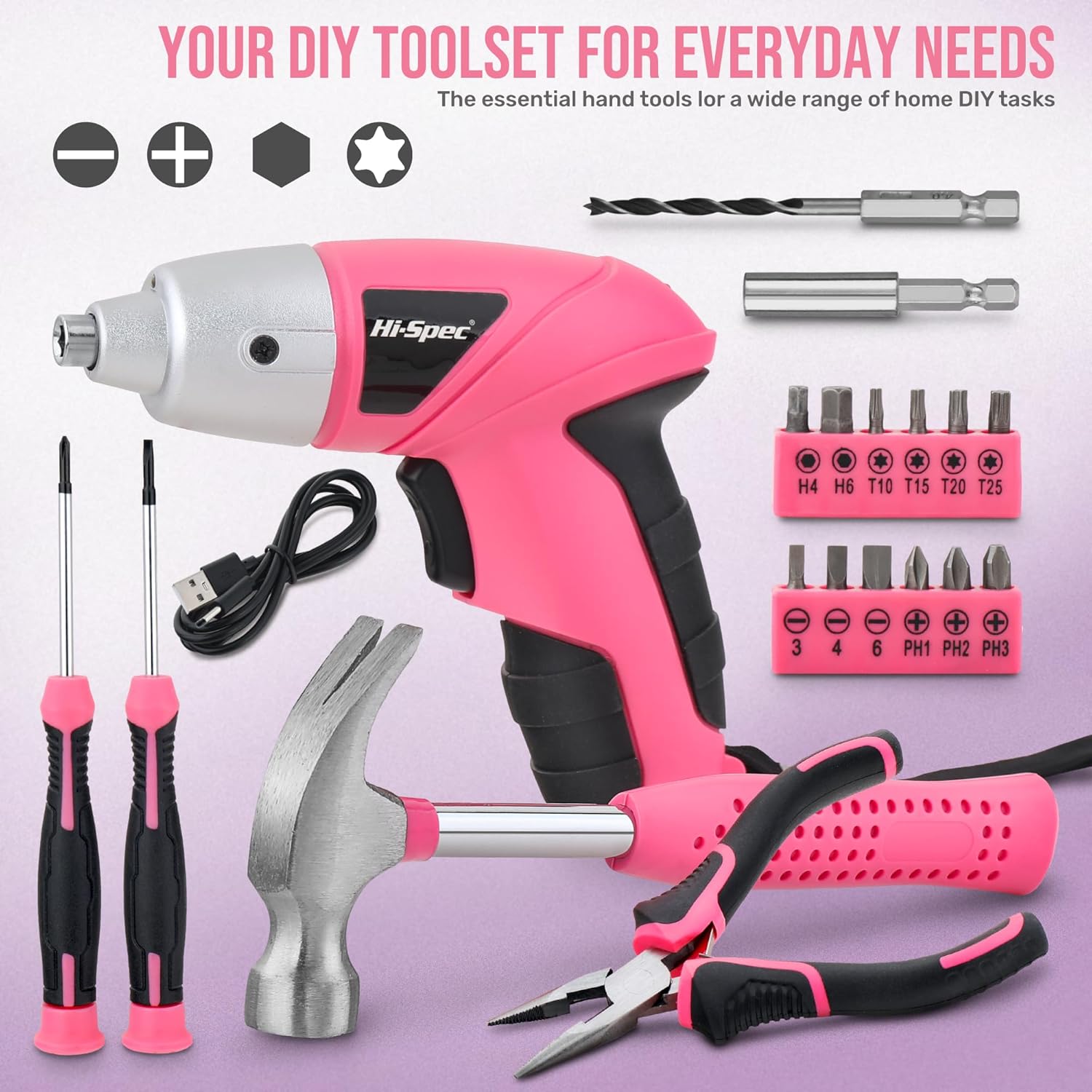 🔥 Angebote & Aktionen – Hi-Spec Small tool box filled for women with hammer, pliers, bit set and pink cordless screwdriver 3.6 V, 19 pieces, easy to use and compact, ideal for small repairs. – Bild 2