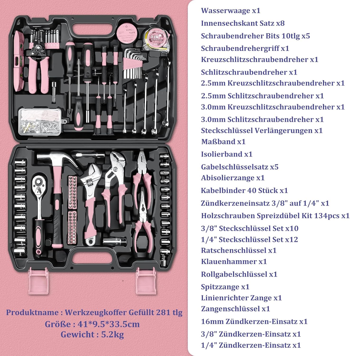 🔥 Angebote & Aktionen – Sundpey Tool Box Filled 281 Pieces - Portable Complete Tool Sets Tool Box with Socket Wrench Set Screwdriver Set Metric Allen Key Pliers Tool Box Pink – Bild 2
