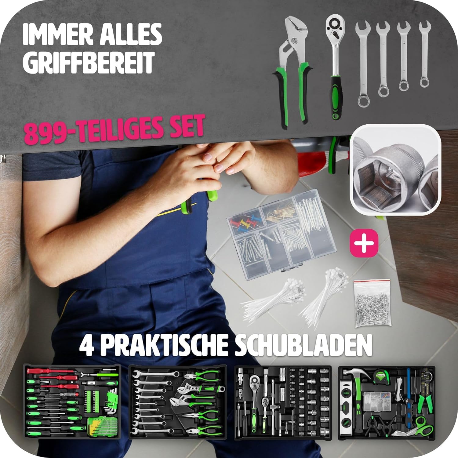 🔥 Angebote & Aktionen – tectake Tool Set in Aluminium Case, Tool Box Filled 899 Pieces, Tool Trolley with 4 Drawers, Telescopic Handle, Large Tool Box for Professional and Household - Black – Bild 8